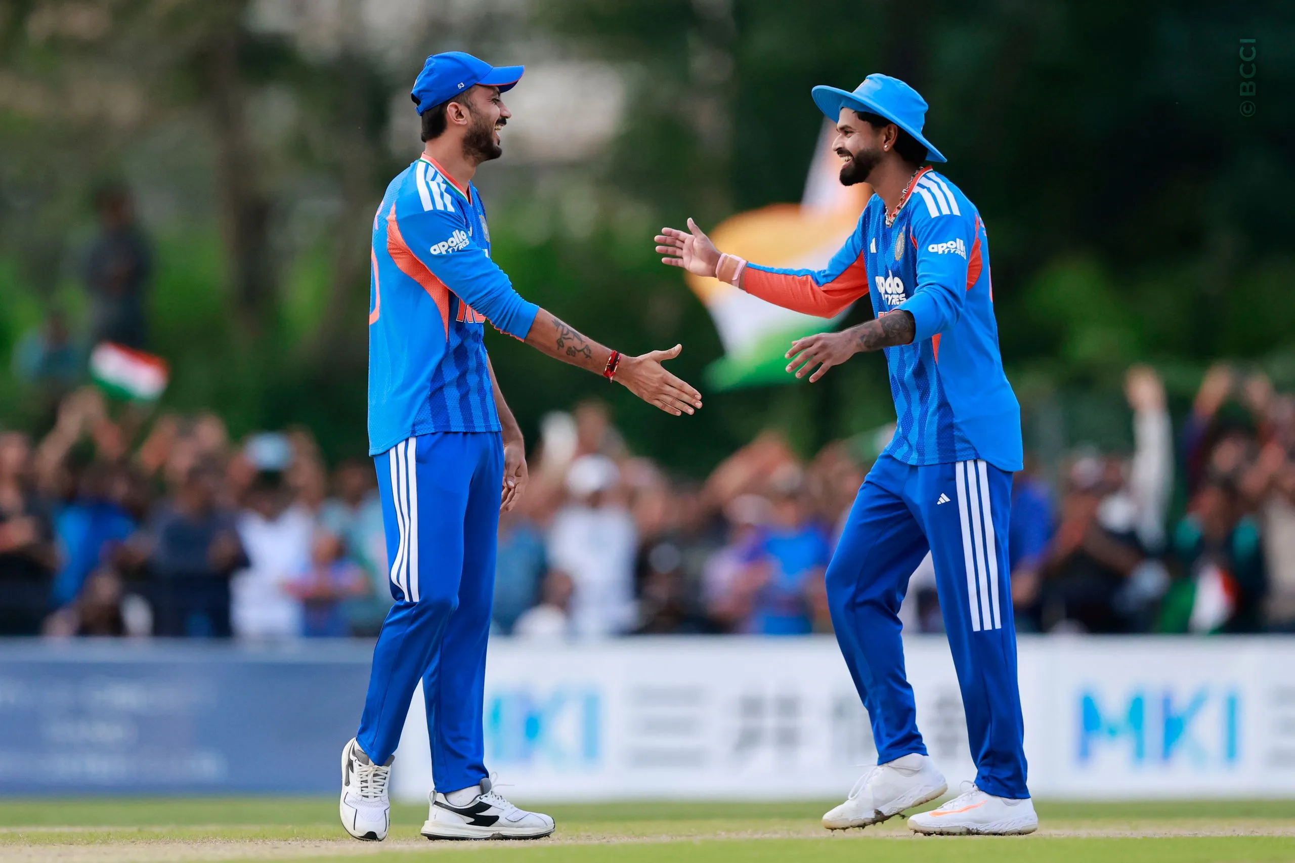 Axar Patel and Shreyas Iyer of India celebrate win during the Only T20I match between Japan and India at Sano Cricket Ground, Sano, Japan, on September 22, 2026.

Photo:  Deepak Malik / CREIMAS for BCCI