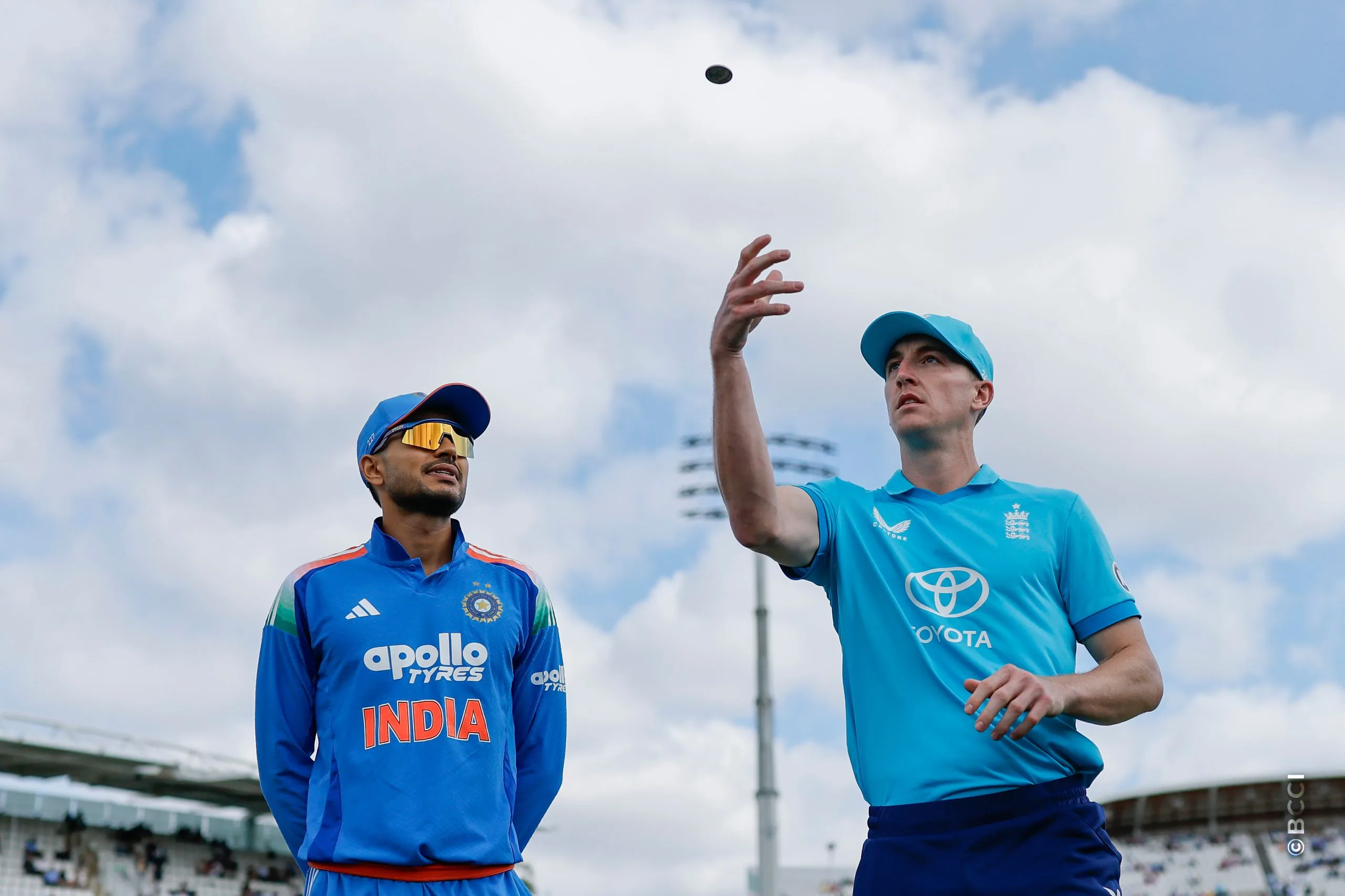 Shubman Gill (C) of India and Harry Brook at toss during the 3rd ODI International match between England and India at the Lord's Cricket Ground, London, England on July 19, 2026.Photo: Deepak Malik / CREIMAS for BCCI