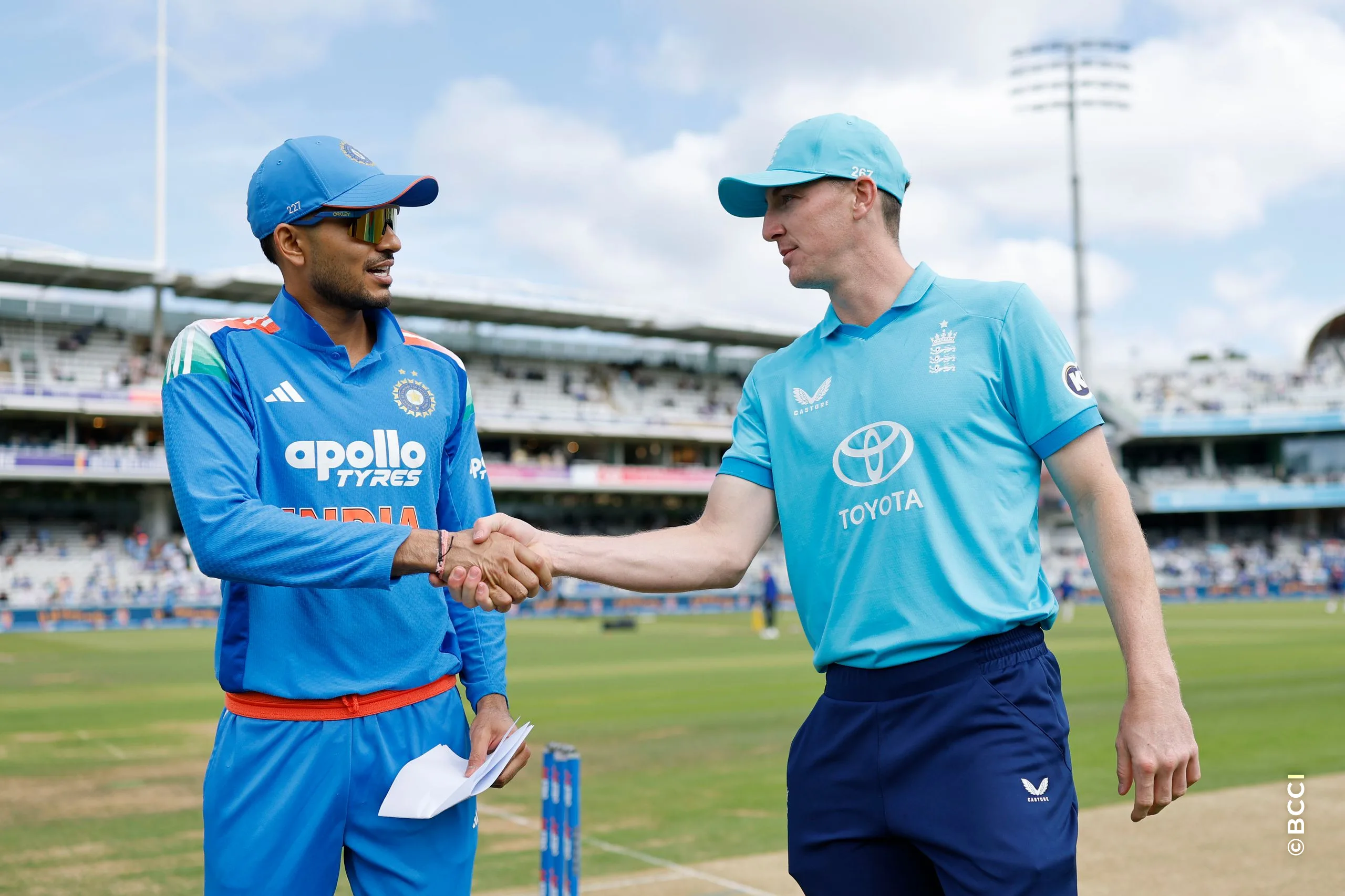 Shubman Gill (C) of India and Harry Brook at toss during the 3rd ODI International match between England and India at the Lord's Cricket Ground, London, England on July 19, 2026.Photo: Deepak Malik / CREIMAS for BCCI