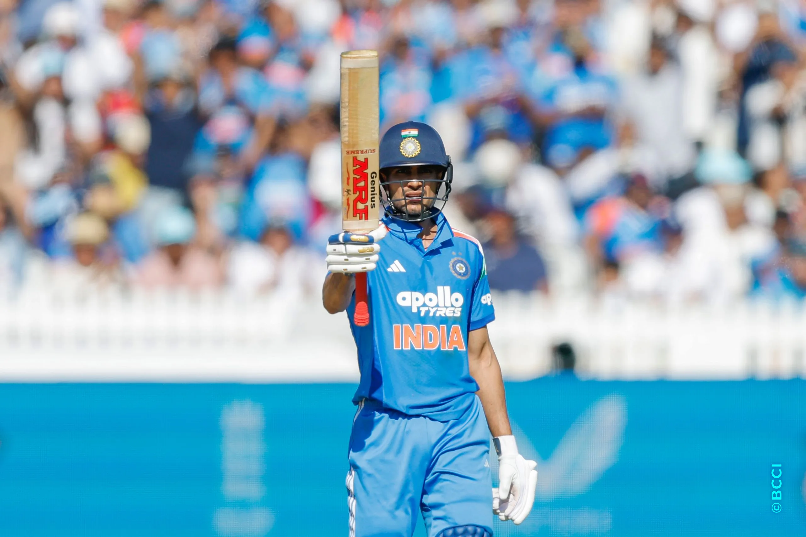 Shubman Gill (C) of India raises his bat after scoring a fifty during the 3rd ODI International match between England and India at the Lord's Cricket Ground, London, England on July 19, 2026.Photo: Deepak Malik / CREIMAS for BCCI