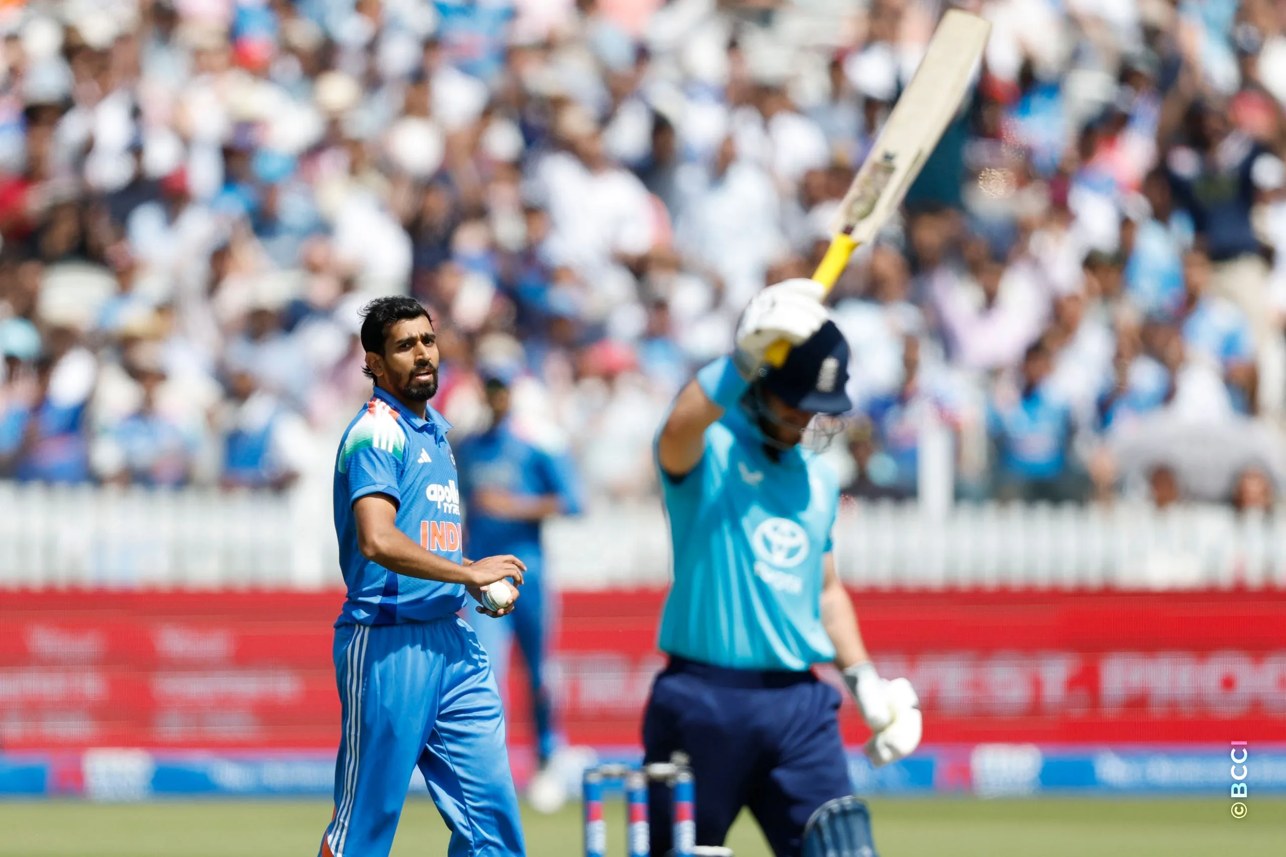 Ben Duckett c&b by Prince Yadav of India during the 3rd ODI International match between England and India at the Lord's Cricket Ground, London, England on July 19, 2026.Photo: Deepak Malik / CREIMAS for BCCI