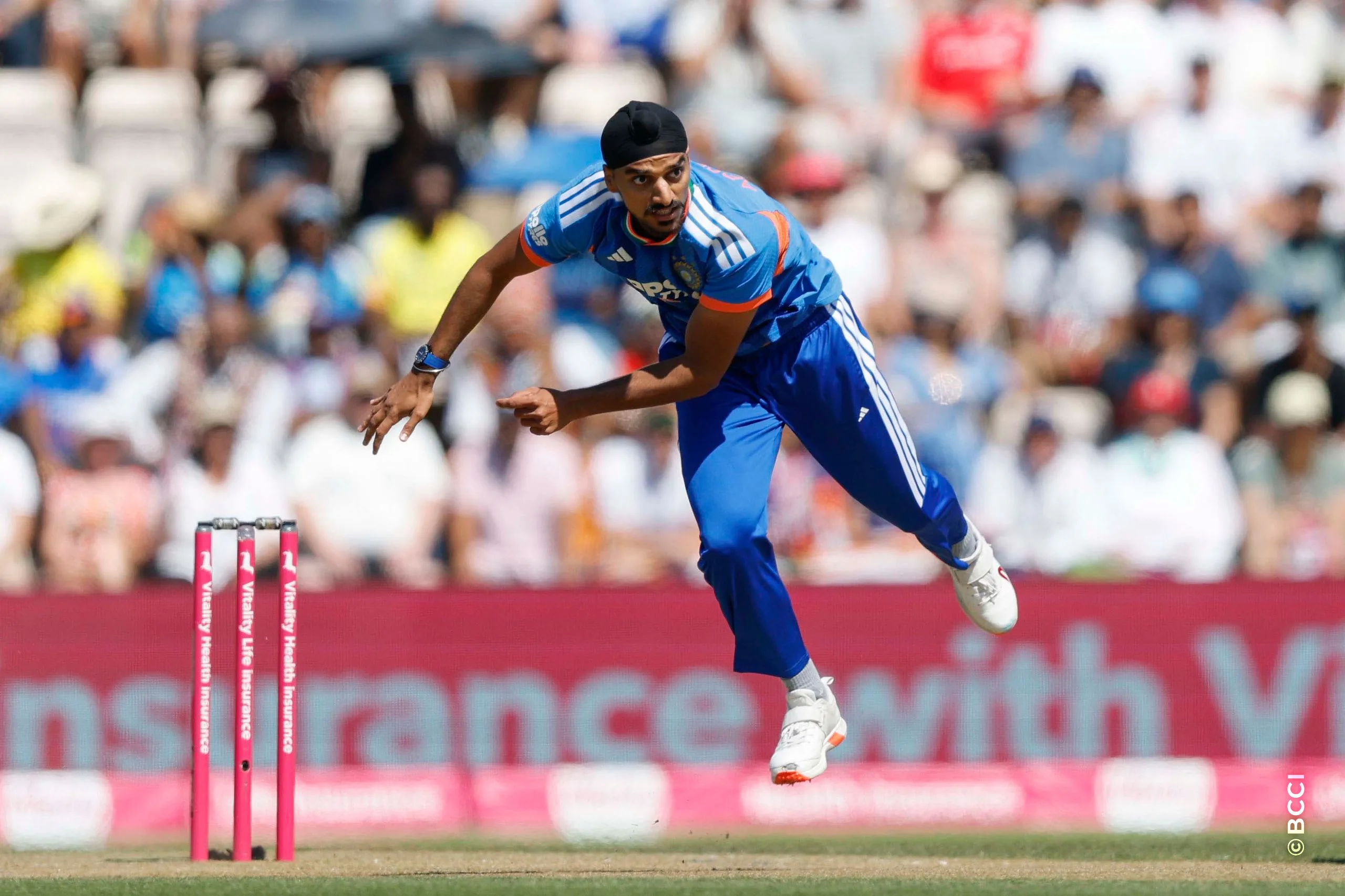 Arshdeep Singh of India bowls during the 5th T20 International match between England and India at The Rose Bowl, Southampton, England on July 11, 2026.Photo: Deepak Malik / CREIMAS for BCCI