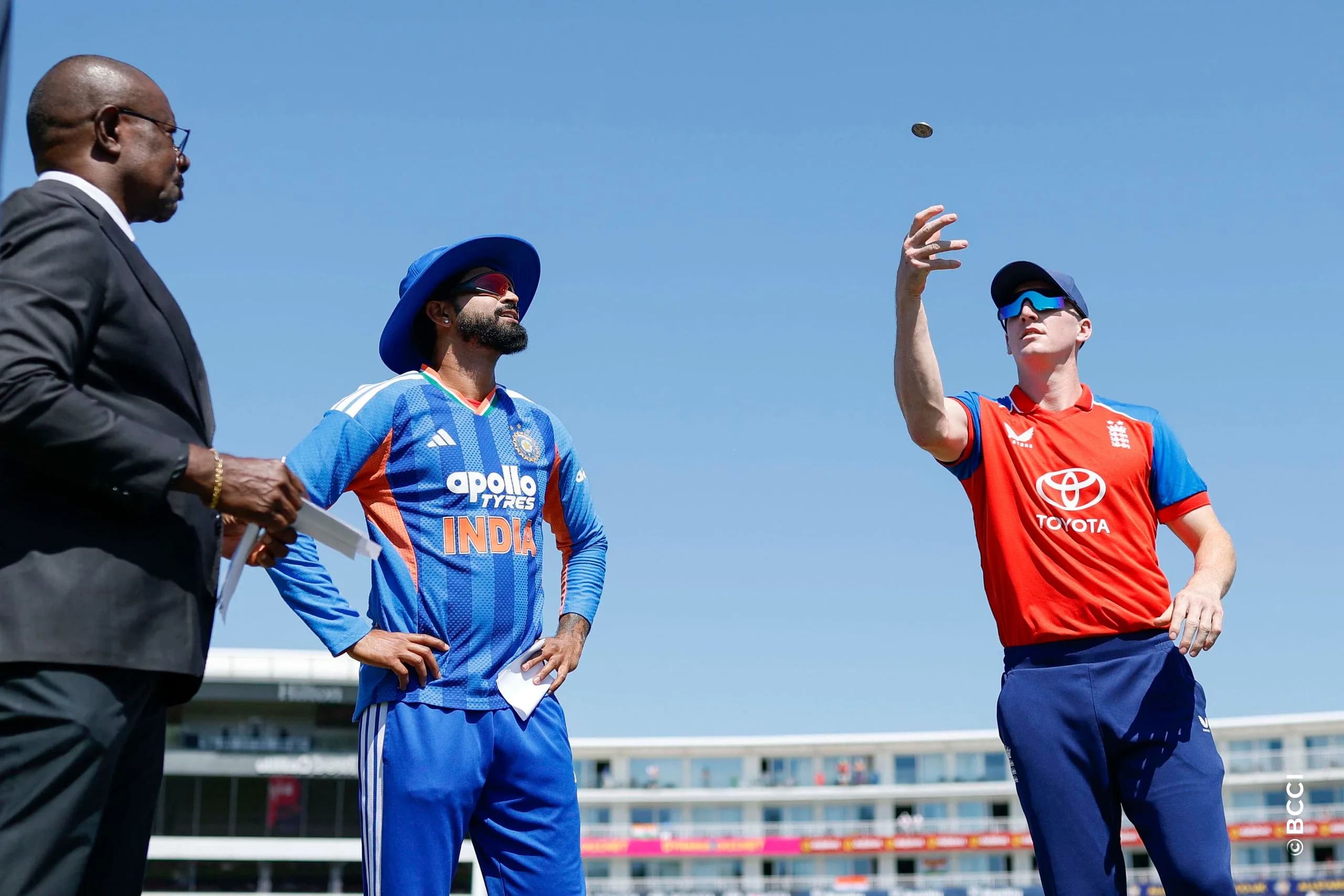 Shreyas Iyer (C) of India and Harry Brook at toss during the 5th T20 International match between England and India at The Rose Bowl, Southampton, England on July 11, 2026.Photo: Deepak Malik / CREIMAS for BCCI