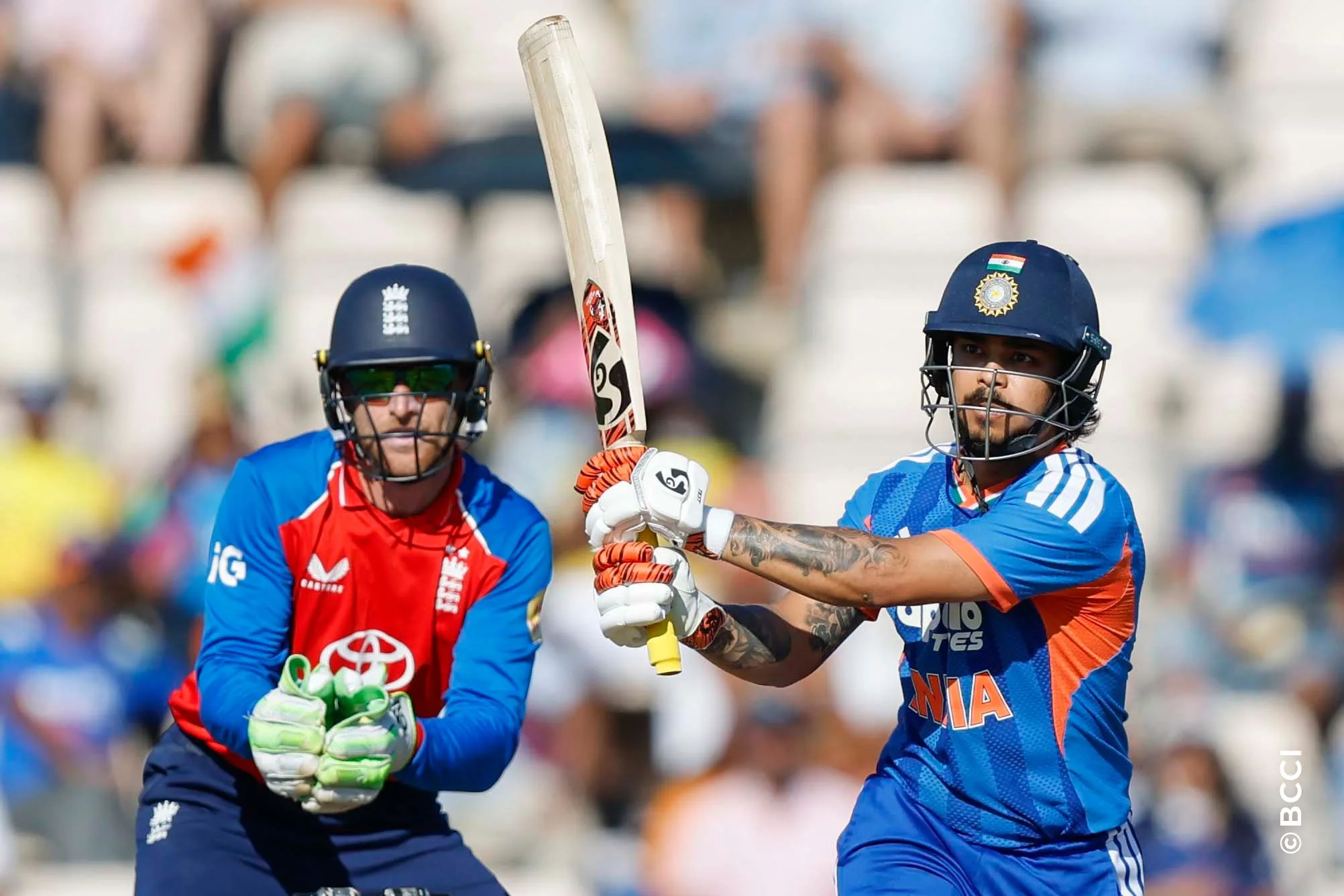 Ishan Kishan of India plays a shot during the 5th T20 International match between England and India at The Rose Bowl, Southampton, England on July 11, 2026.Photo: Deepak Malik / CREIMAS for BCCI