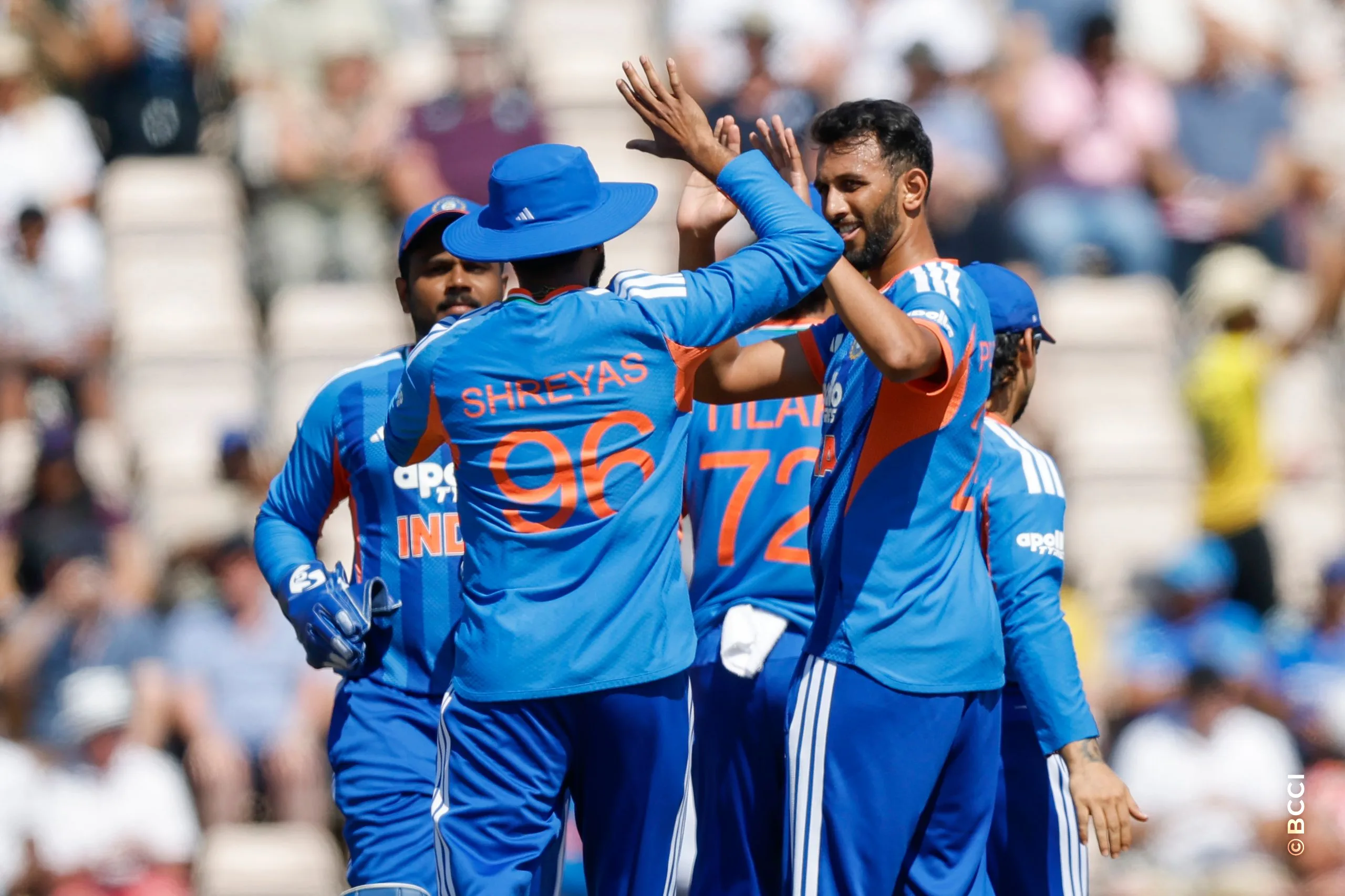Prasidh Krishna of India celebrates the wicket of Phil Salt during the 5th T20 International match between England and India at The Rose Bowl, Southampton, England on July 11, 2026.Photo: Deepak Malik / CREIMAS for BCCI