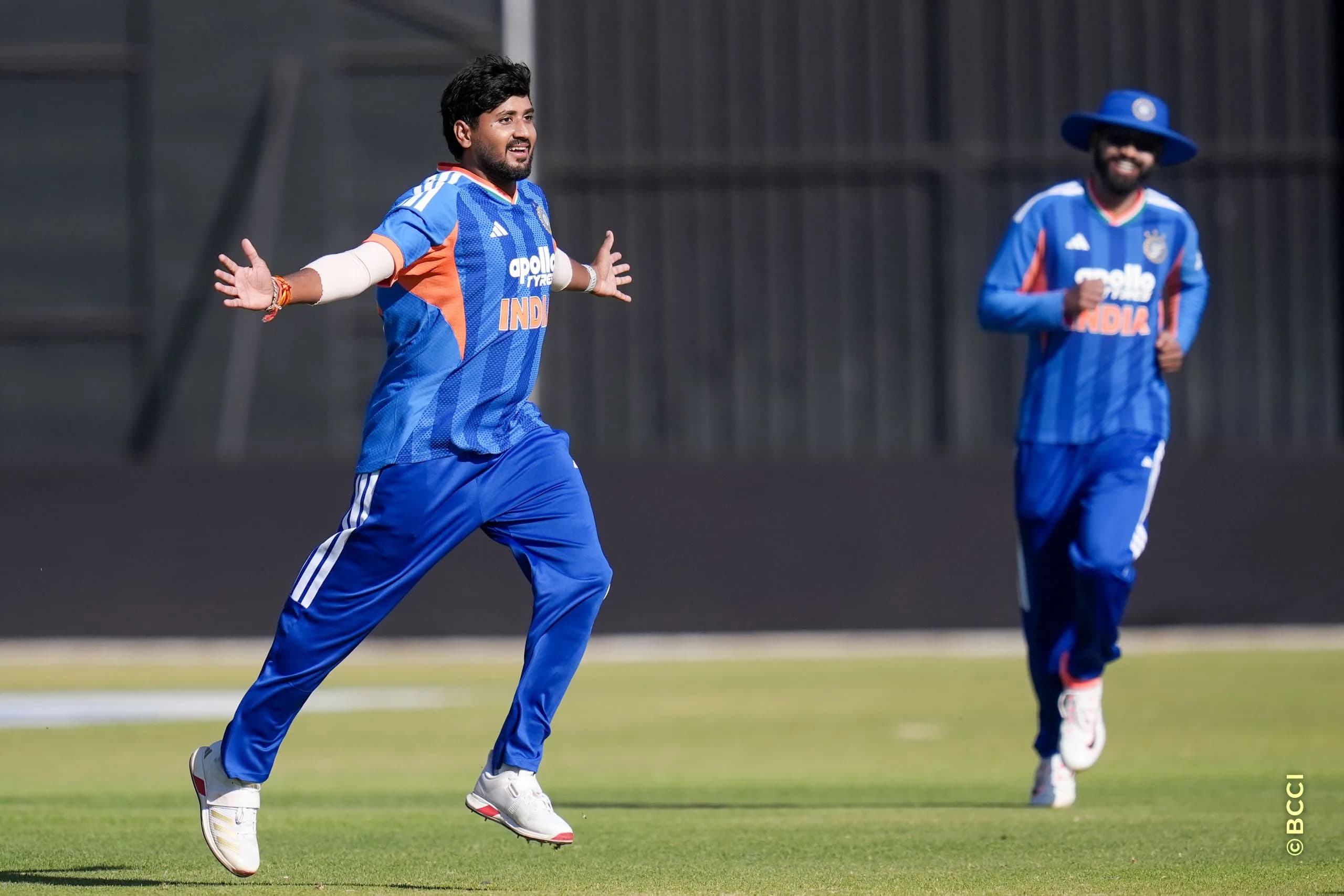 Yash Thakur of India celebrates the wicket of Sikandar Raza (C) of Zimbabwe during the 3rd T20 International match between Zimbabwe and India at the Harare Sports Club, Harare, Zimbabwe on July 26, 2026.Photo: Faheem Hussain / CREIMAS for BCCI