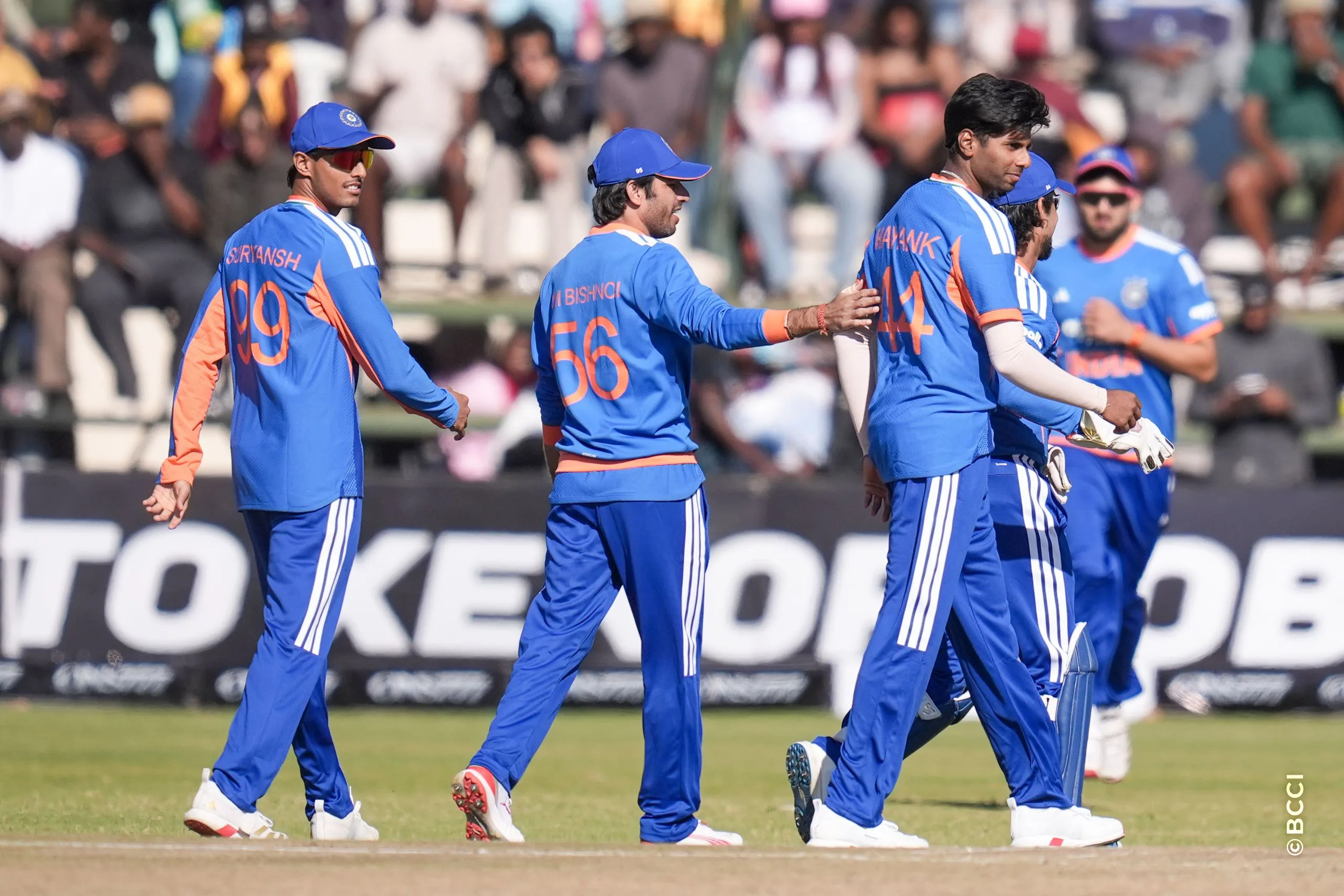 Mayank Prabhu Yadav of India celebrates the wicket of Brian Bennett of Zimbabwe during the 3rd T20 International match between Zimbabwe and India at the Harare Sports Club, Harare, Zimbabwe on July 26, 2026.Photo: Faheem Hussain / CREIMAS for BCCI
