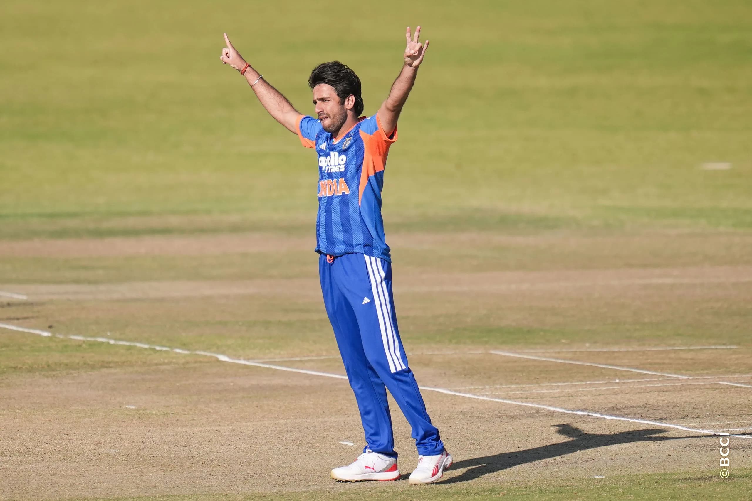Ravi Bishnoi of India celebrates the wicket of Ben Curran of Zimbabwe during the 3rd T20 International match between Zimbabwe and India at the Harare Sports Club, Harare, Zimbabwe on July 26, 2026.Photo: Faheem Hussain / CREIMAS for BCCI
