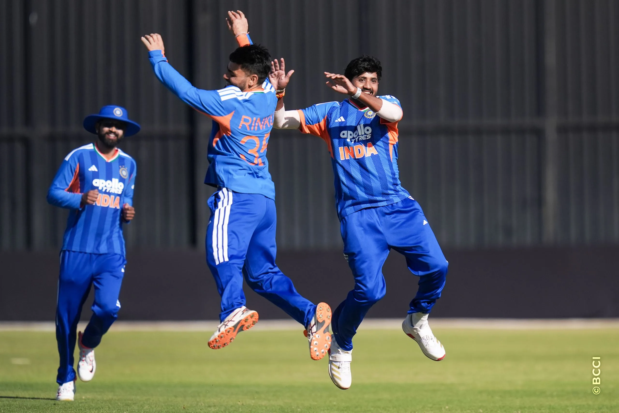 Yash Thakur of India celebrates the wicket of Sikandar Raza (C) of Zimbabwe during the 3rd T20 International match between Zimbabwe and India at the Harare Sports Club, Harare, Zimbabwe on July 26, 2026.Photo: Faheem Hussain / CREIMAS for BCCI