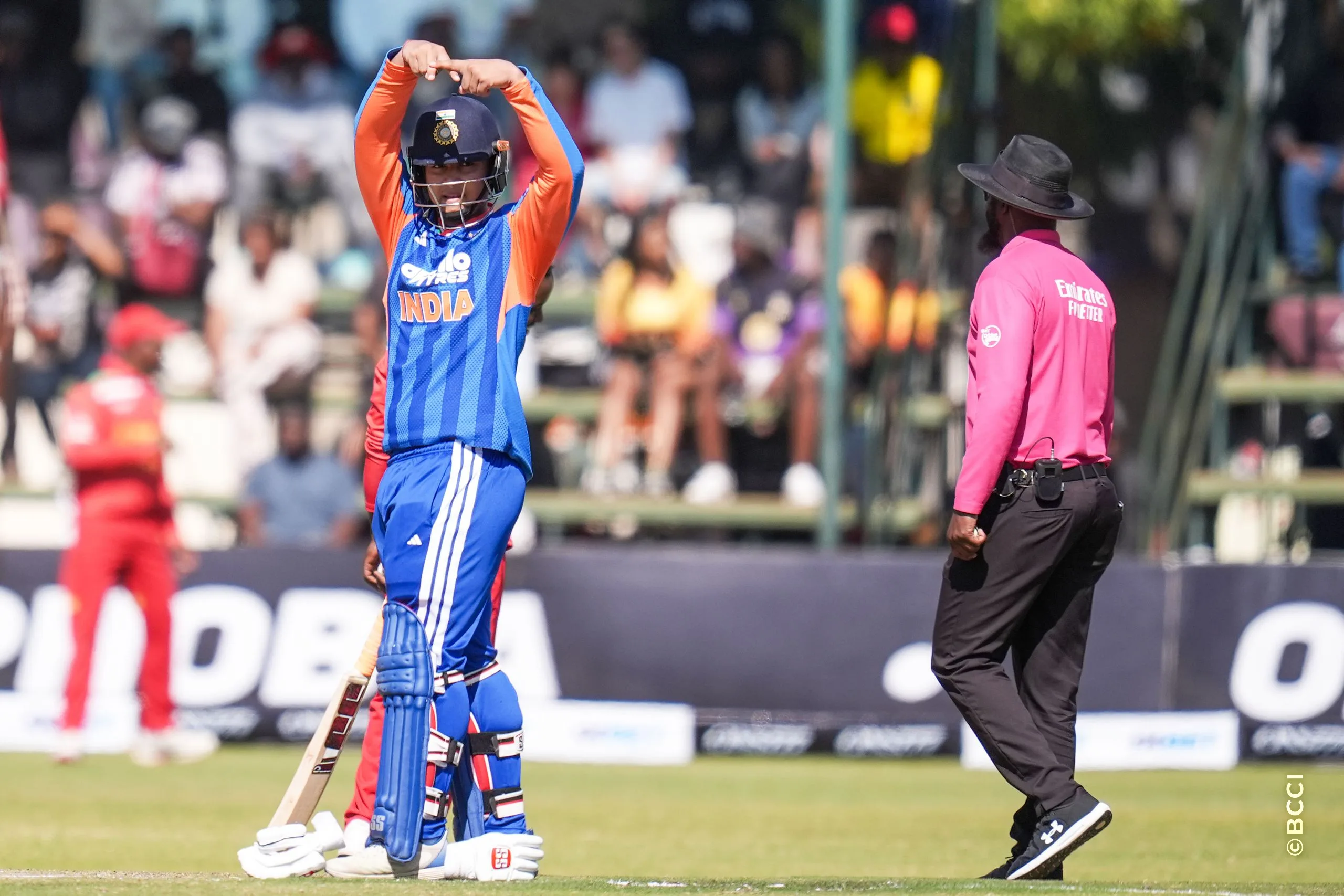 Vibhav Sooryavanshi of India celebrates his fifty runs during the 3rd T20 International match between Zimbabwe and India at the Harare Sports Club, Harare, Zimbabwe on July 26, 2026.Photo: Faheem Hussain / CREIMAS for BCCI