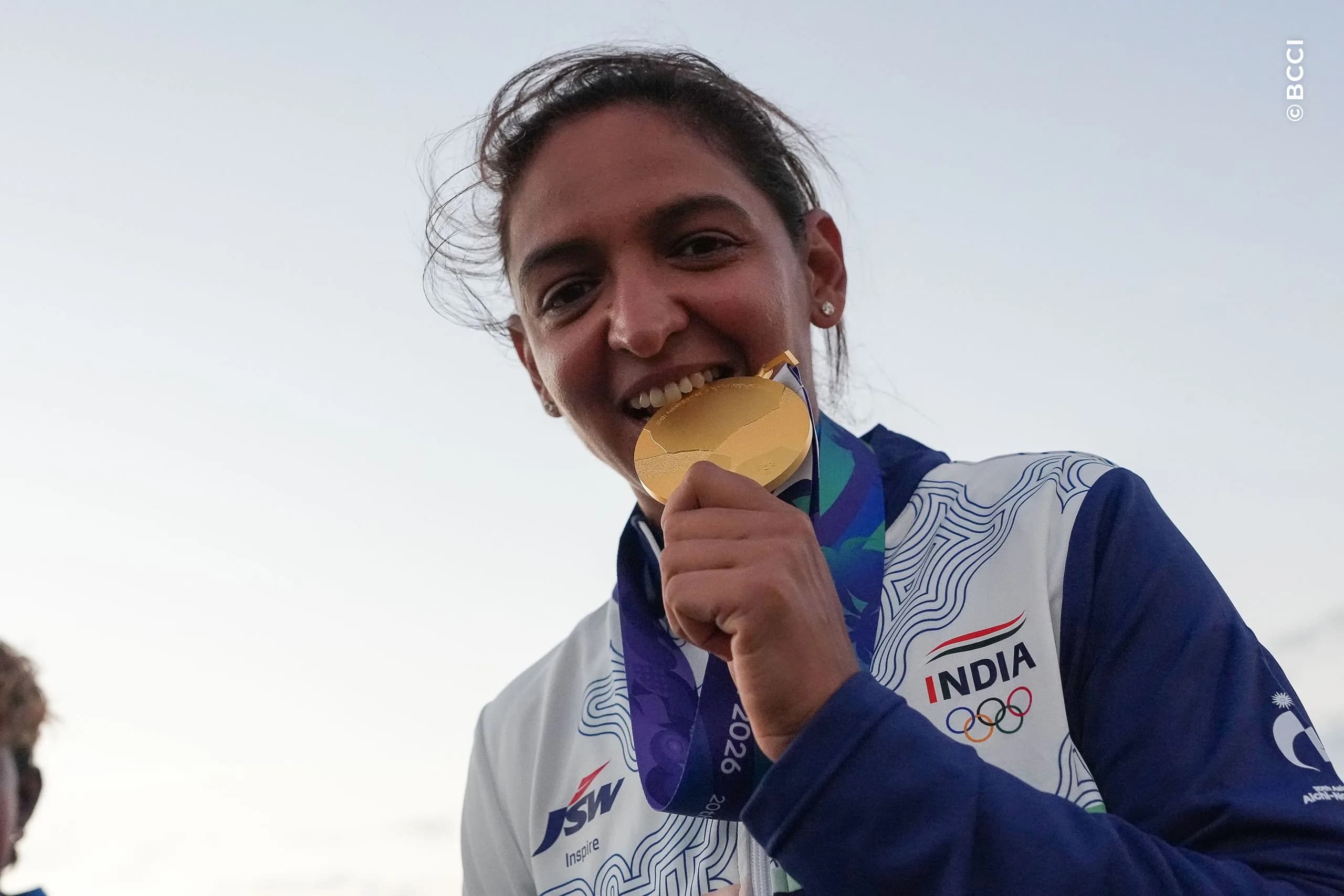 Harmanpreet Kaur of India poses on the podium at the medal ceremony for their team's win over Sri Lanka the The Final match between Sri Lanka Women and India Women at Korogi Sports Park, Nisshin, Japan, on September 22, 2026.

Photo: CREIMAS for BCCI