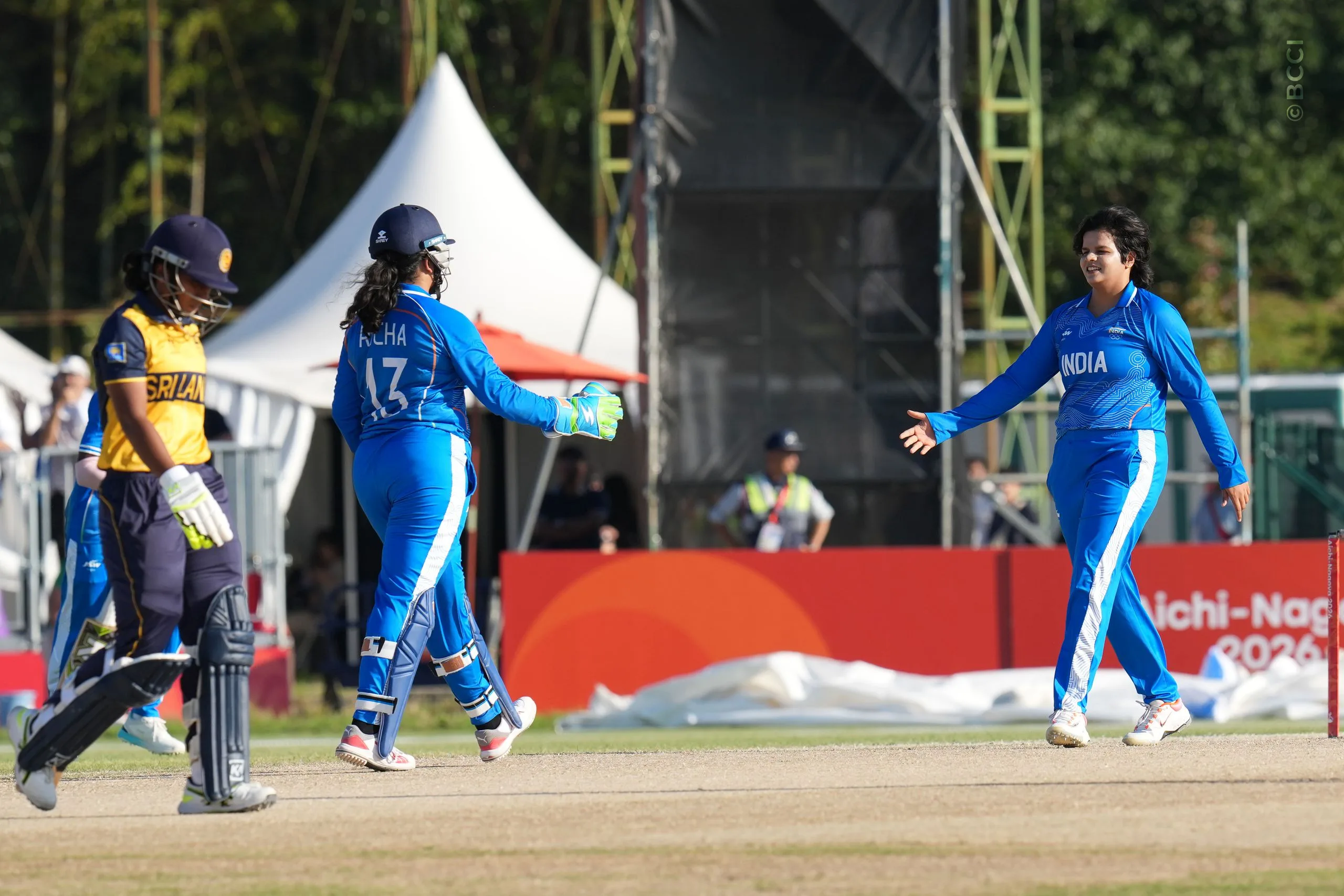 Shafali Verma of India celebrates the wicket of Imesha Dulani  of Sri Lanka during the The Final match between Sri Lanka Women and India Women at Korogi Sports Park, Nisshin, Japan, on September 22, 2026.

Photo: CREIMAS for BCCI