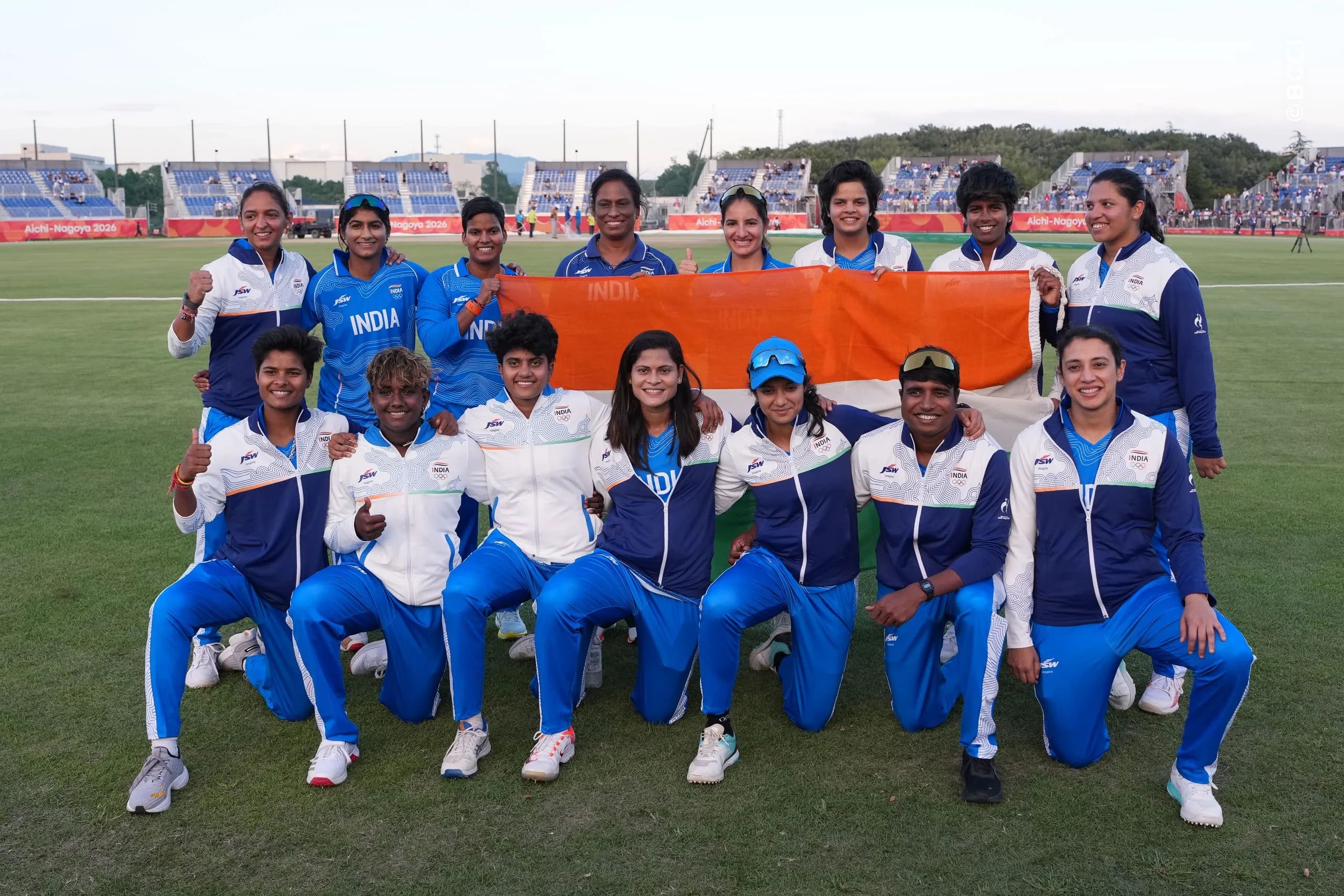 India team members celebrate their team's win over Sri Lanka  during the The Final match between Sri Lanka Women and India Women at Korogi Sports Park, Nisshin, Japan, on September 22, 2026.

Photo: CREIMAS for BCCI