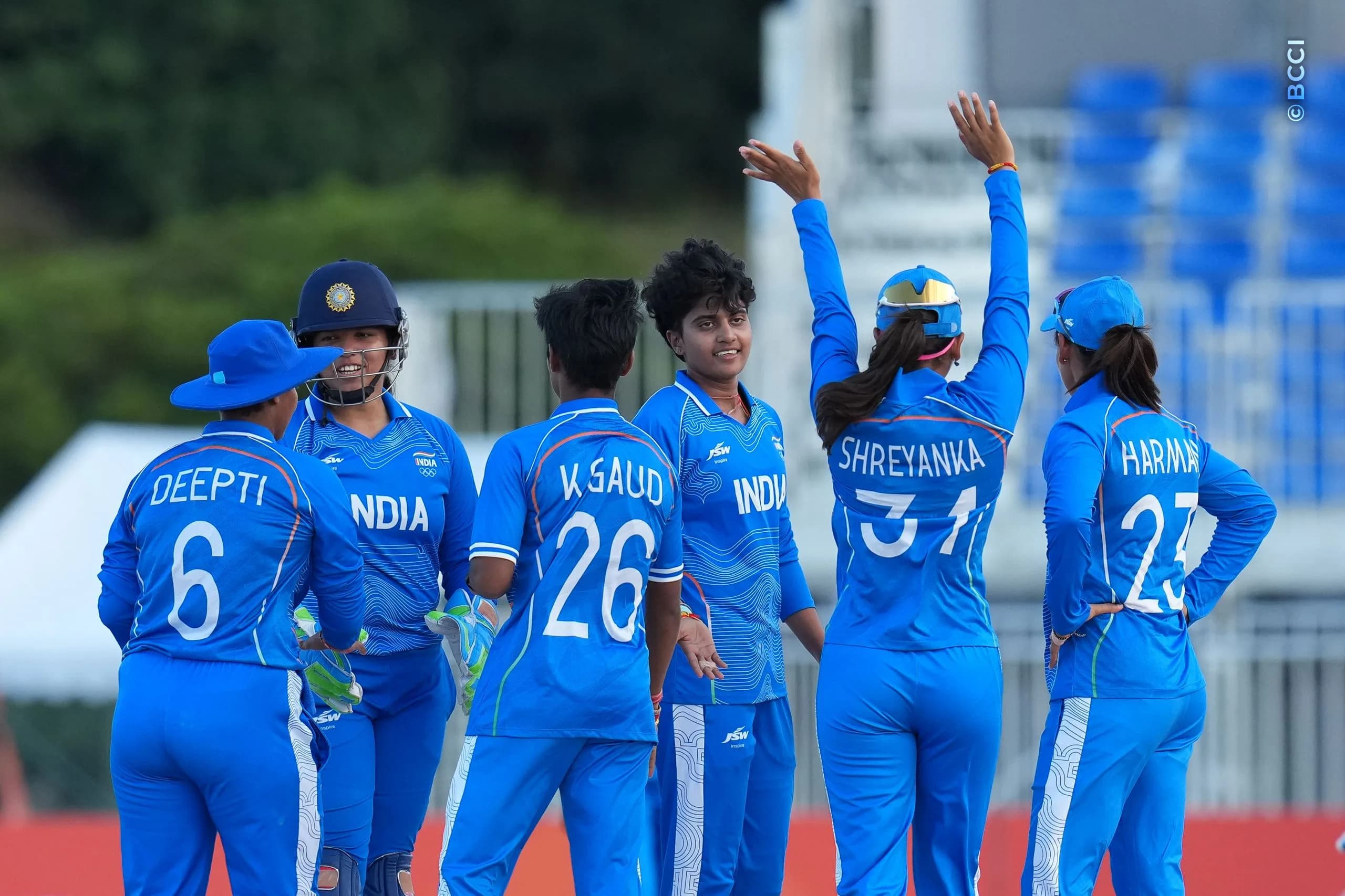 Shree Charani of India celebrates the wicket of Sri Lanka  during the The Final match between Sri Lanka Women and India Women at Korogi Sports Park, Nisshin, Japan, on September 22, 2026.

Photo: CREIMAS for BCCI