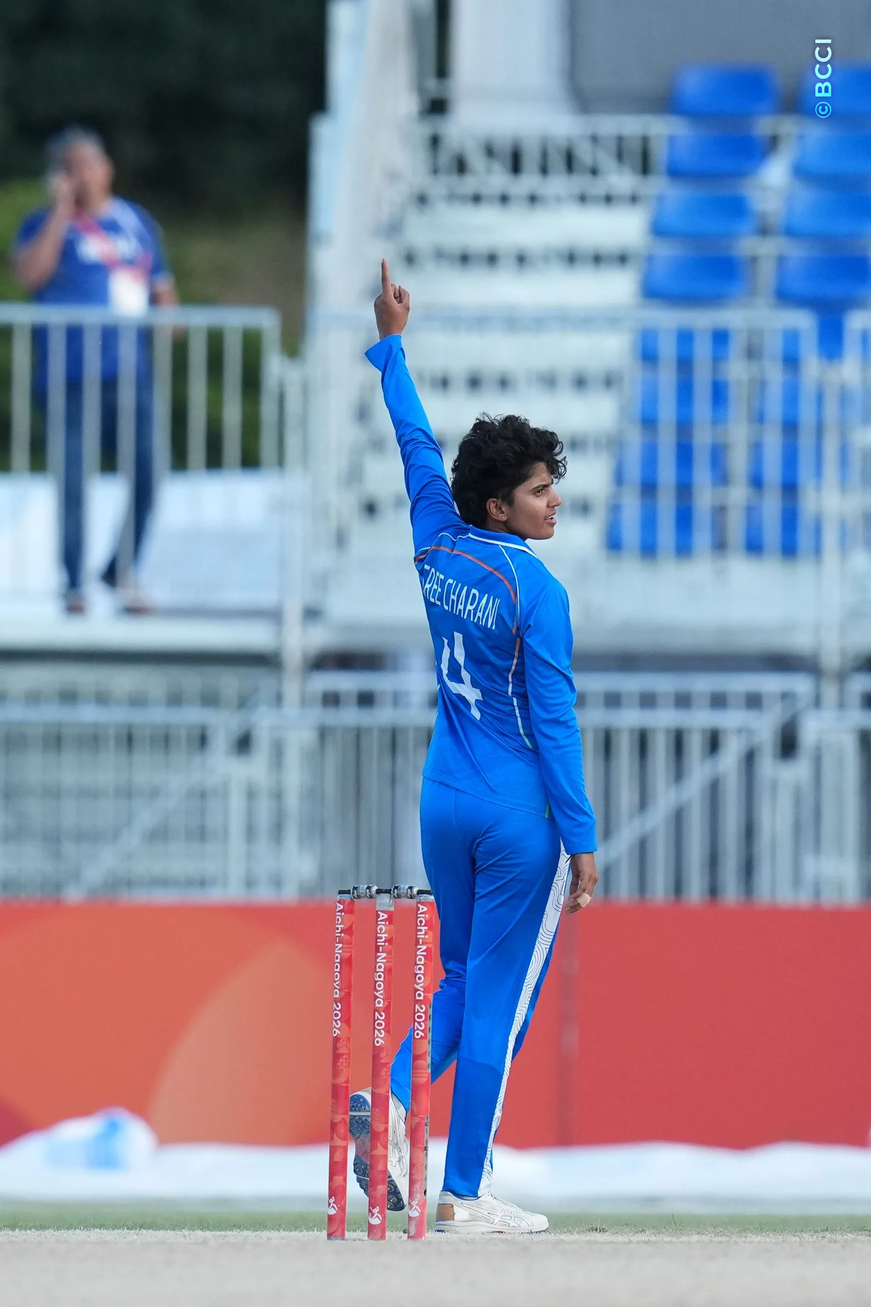 Shree Charani of India celebrates the wicket of Hansima Karunaratne  of Sri Lanka  during the The Final match between Sri Lanka Women and India Women at Korogi Sports Park, Nisshin, Japan, on September 22, 2026.

Photo: CREIMAS for BCCI