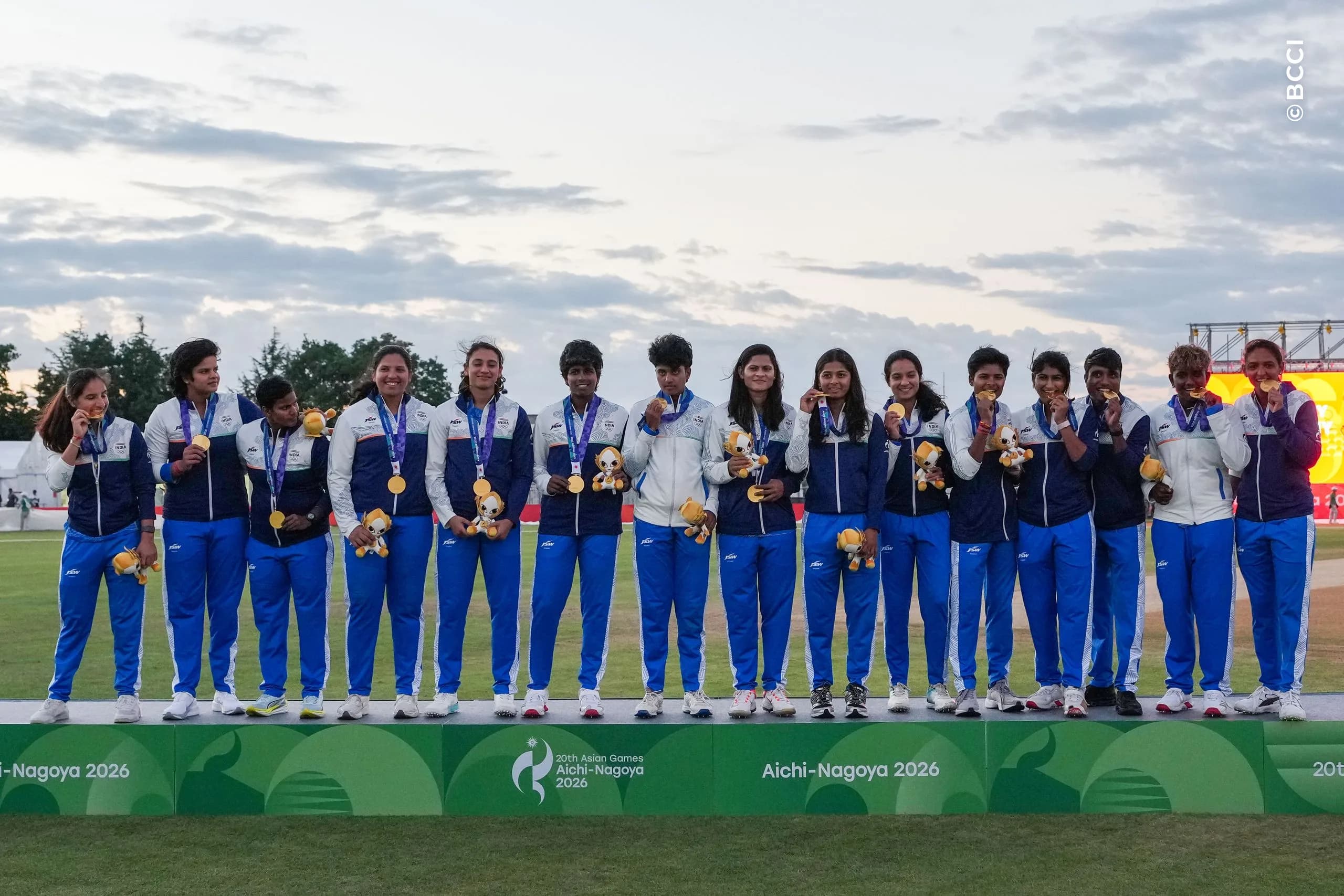 India team members poses on the podium at the medal ceremony for their team's win over Sri Lanka the The Final match between Sri Lanka Women and India Women at Korogi Sports Park, Nisshin, Japan, on September 22, 2026.

Photo: CREIMAS for BCCI