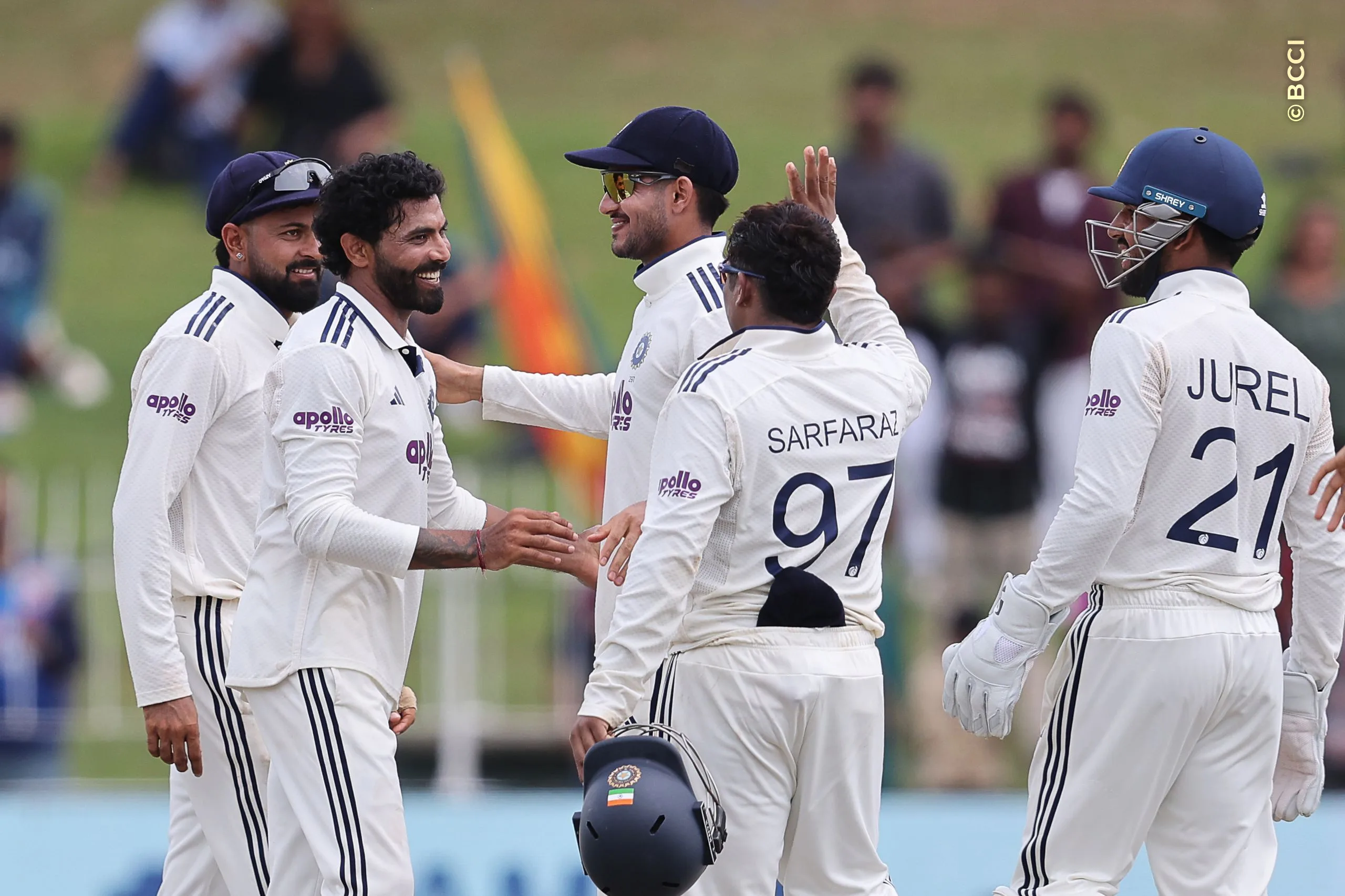 Ravindra Jadeja of India celebrates the wicket of Pasindu Sooriyabandara of Sri Lanka during Day 3 of the 2nd Test match between Sri Lanka and India at the Sinhalese Sports Club Ground, Colombo, Sri Lanka, on August 25, 2026.


Photo by Pankaj Nangia / CREIMAS for BCCI