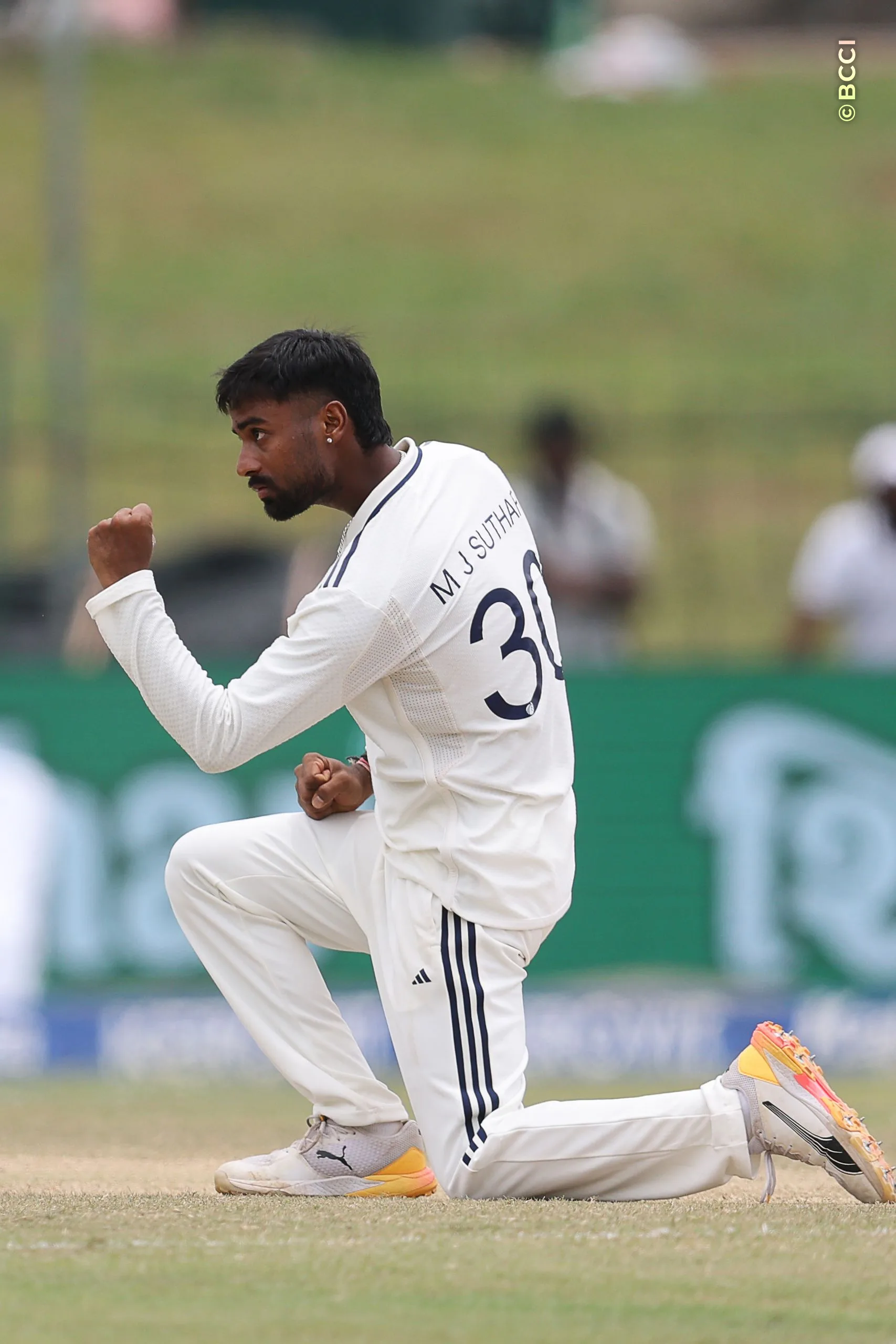 Manav Suthar of India celebrates the wicket of Keshara Nuwantha of Sri Lanka during Day 5 of the 2nd Test match between Sri Lanka and India at the Sinhalese Sports Club Ground, Colombo, Sri Lanka, on August 27, 2026.


Photo by Pankaj Nangia / CREIMAS for BCCI