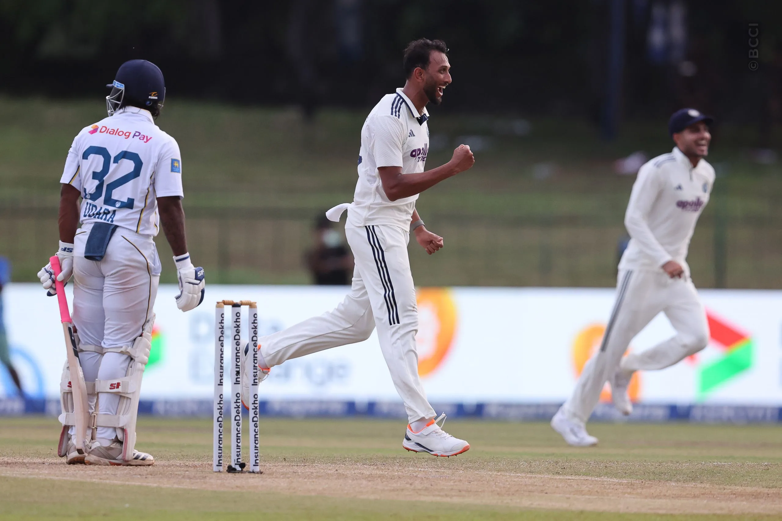 Prasidh Krishna of India celebrates the wicket of Lahiru Udara of Sri Lanka during Day 2 of the 2nd Test match between Sri Lanka and India at the Sinhalese Sports Club Ground, Colombo, Sri Lanka, on August 24, 2026.


Photo by Pankaj Nangia / CREIMAS for BCCI