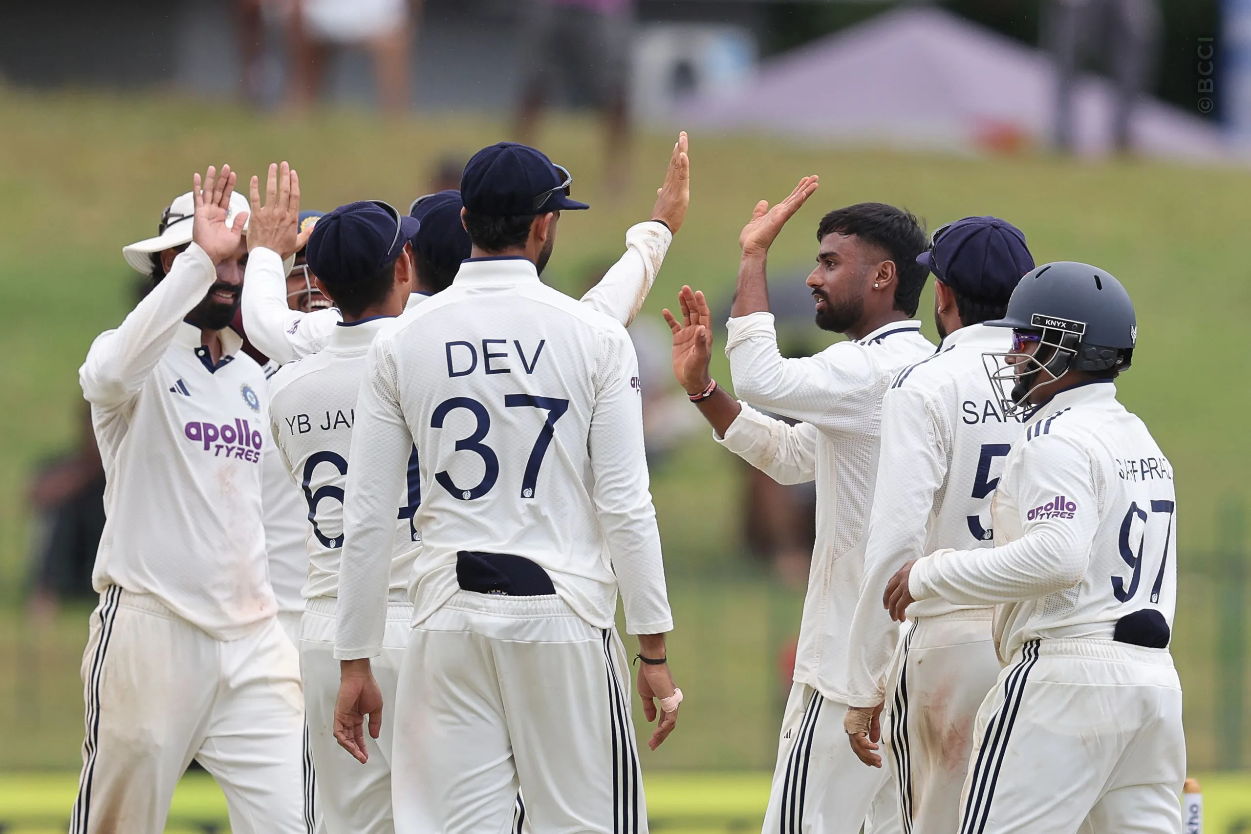 Manav Suthar of India celebrates the wicket of Dhananjaya de Silva of Sri Lanka during Day 3 of the 2nd Test match between Sri Lanka and India at the Sinhalese Sports Club Ground, Colombo, Sri Lanka, on August 25, 2026.


Photo by Pankaj Nangia / CREIMAS for BCCI