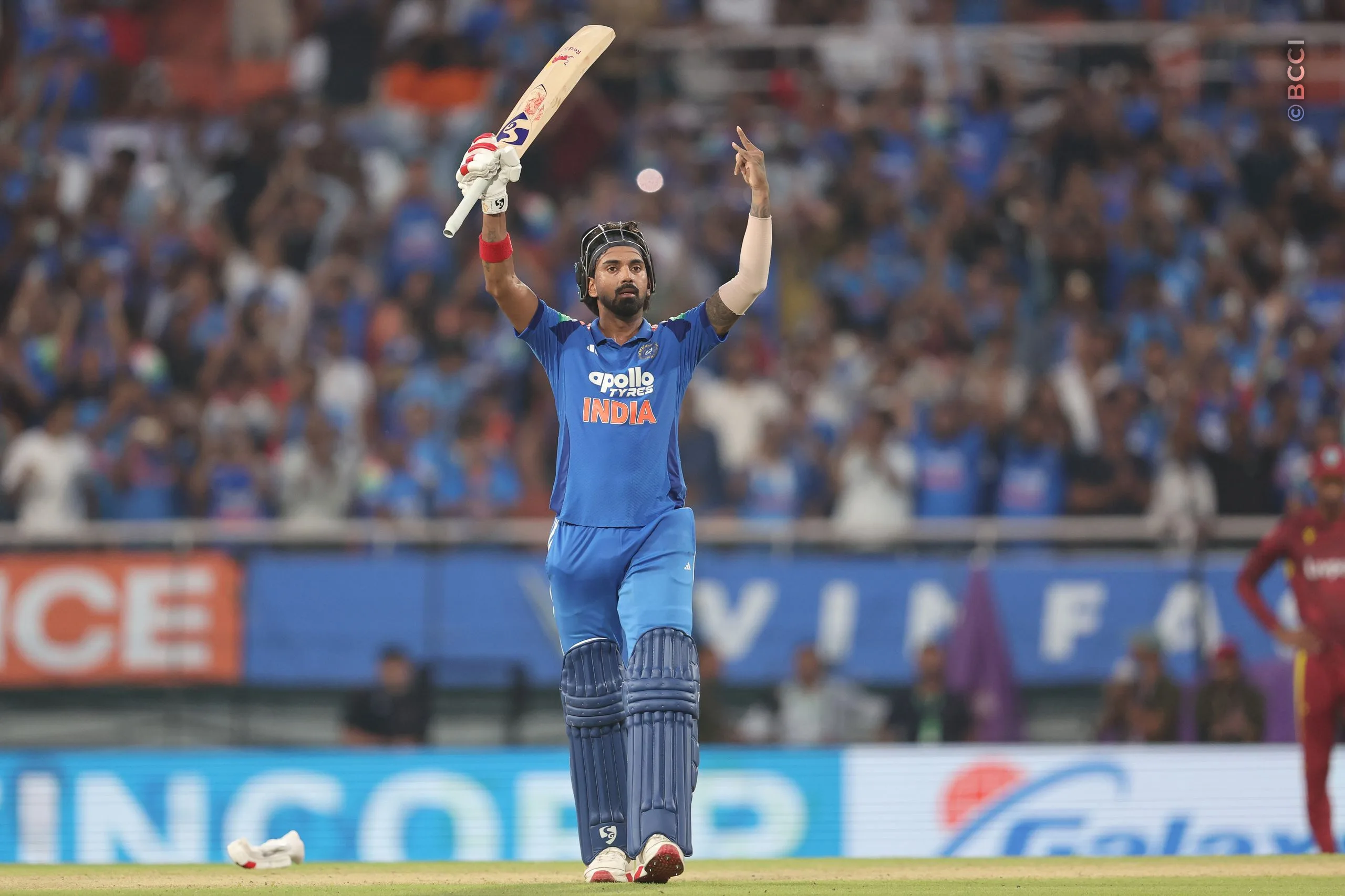 KL Rahul of India celebrates after scoring a hundred  during the 3rd ODI match between India and West Indies at the PCA International Cricket Stadium, Ground A, New Chandigarh, India on October 3, 2026.

Photo: Pankaj Nangia / CREIMAS for BCCI