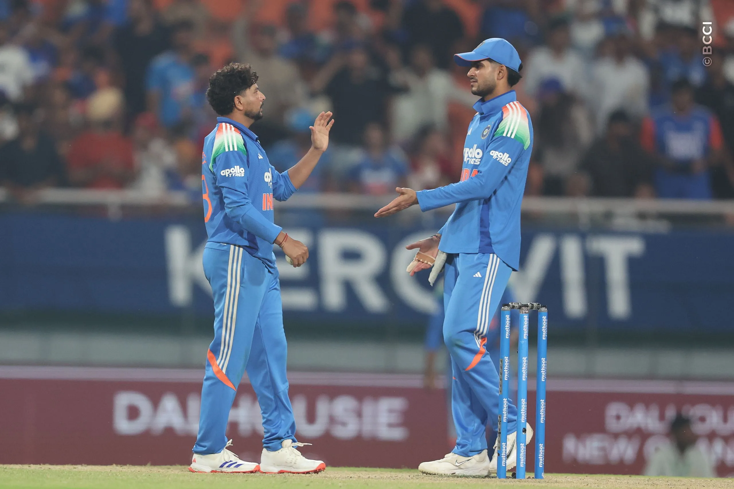 Kuldeep Yadav of India celebrates the wicket of Matthew Forde of West Indies during the 3rd ODI match between India and West Indies at the PCA International Cricket Stadium, Ground A, New Chandigarh, India on October 3, 2026.

Photo: Pankaj Nangia / CREIMAS for BCCI