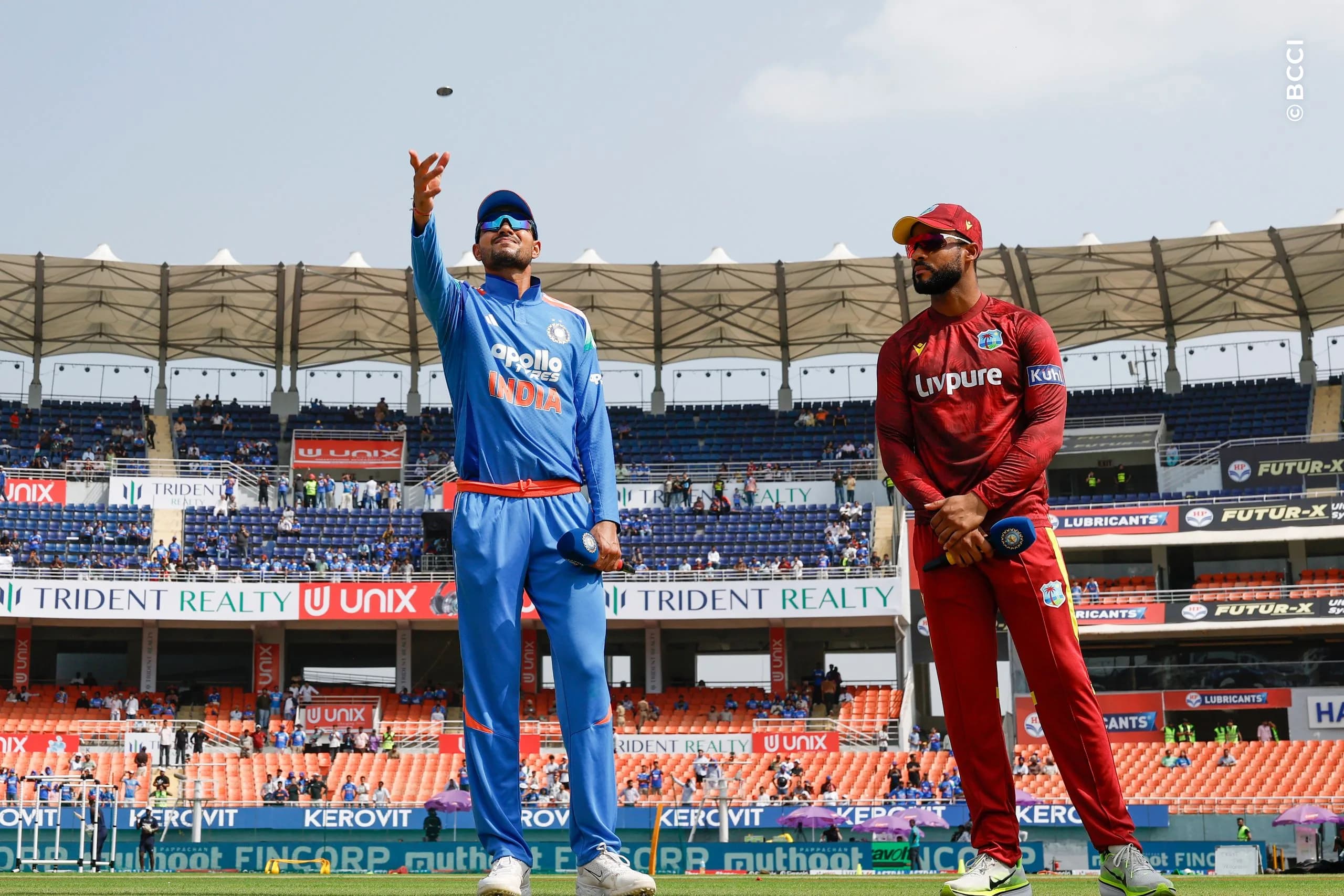 Shubman Gill of India and Shai Hope of west indies at the toss during the 3rd ODI match between India and West Indies at the PCA International Cricket Stadium, Ground A, New Chandigarh, India on October 3, 2026.

Photo: Surjeet Yadav / CREIMAS for BCCI