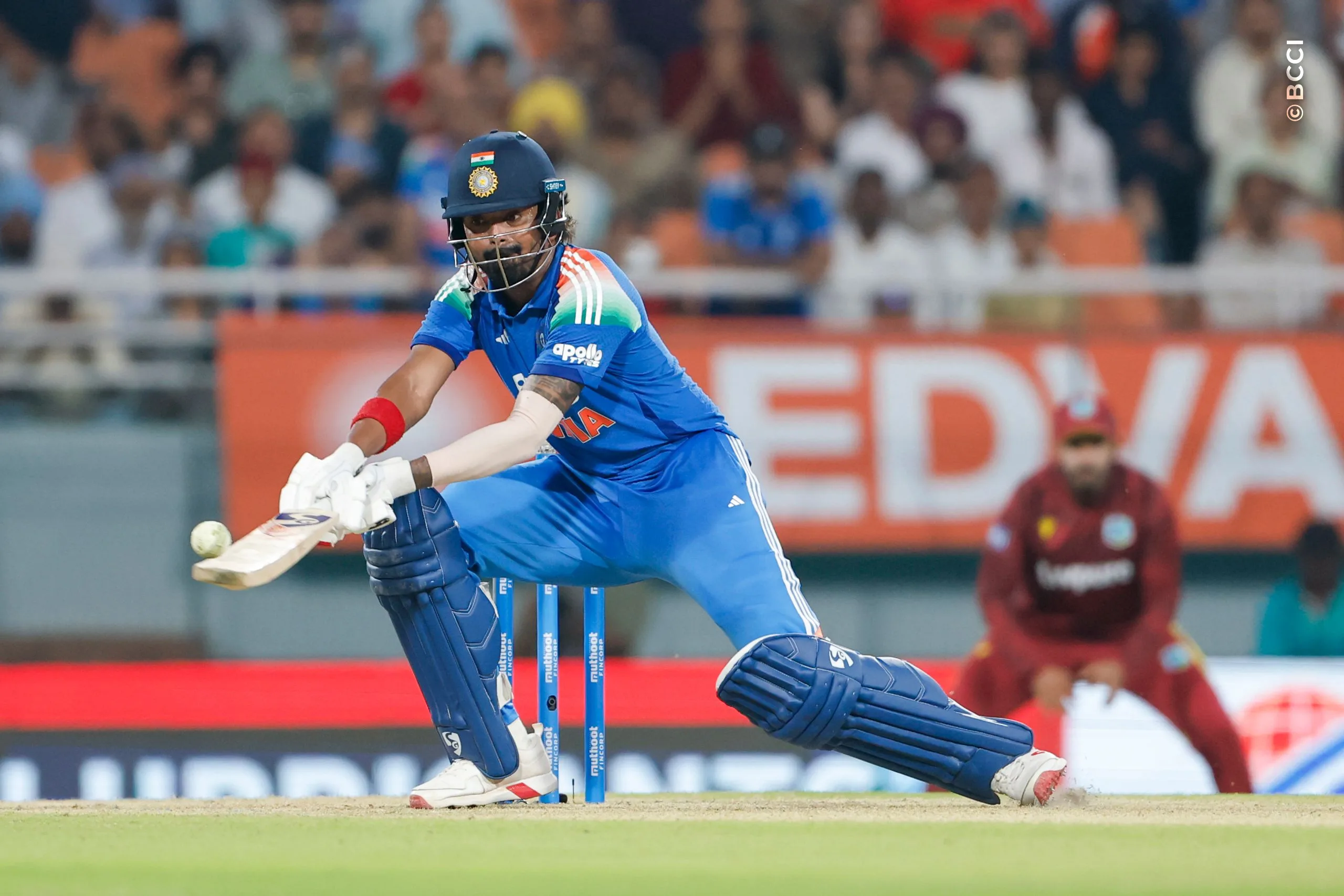 KL Rahul of India play a shots during the 3rd ODI match between India and West Indies at the PCA International Cricket Stadium, Ground A, New Chandigarh, India on October 3, 2026.

Photo: Surjeet Yadav / CREIMAS for BCCI