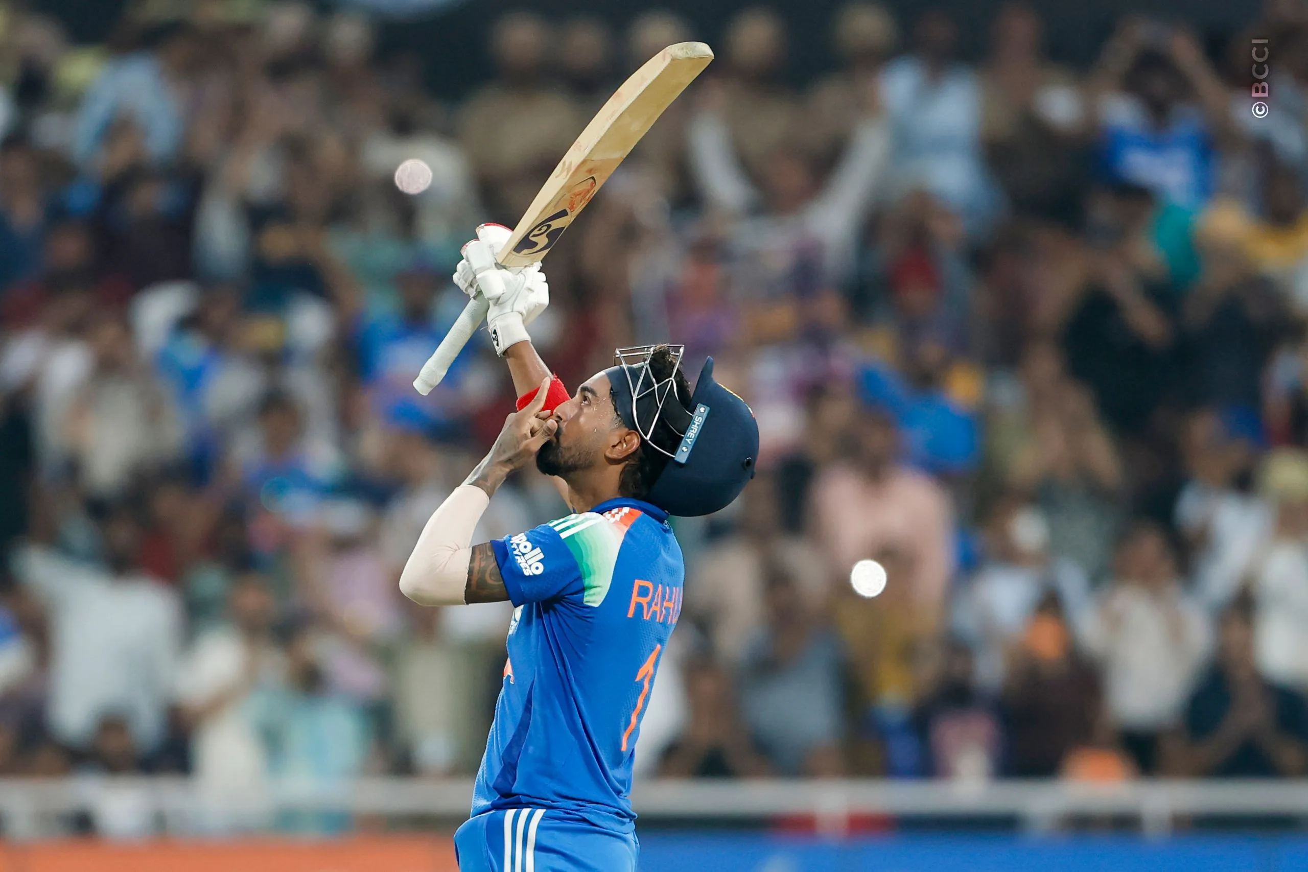 KL Rahul of India raises his bat after scoring his 100 runs during the 3rd ODI match between India and West Indies at the PCA International Cricket Stadium, Ground A, New Chandigarh, India on October 3, 2026.

Photo: Surjeet Yadav / CREIMAS for BCCI