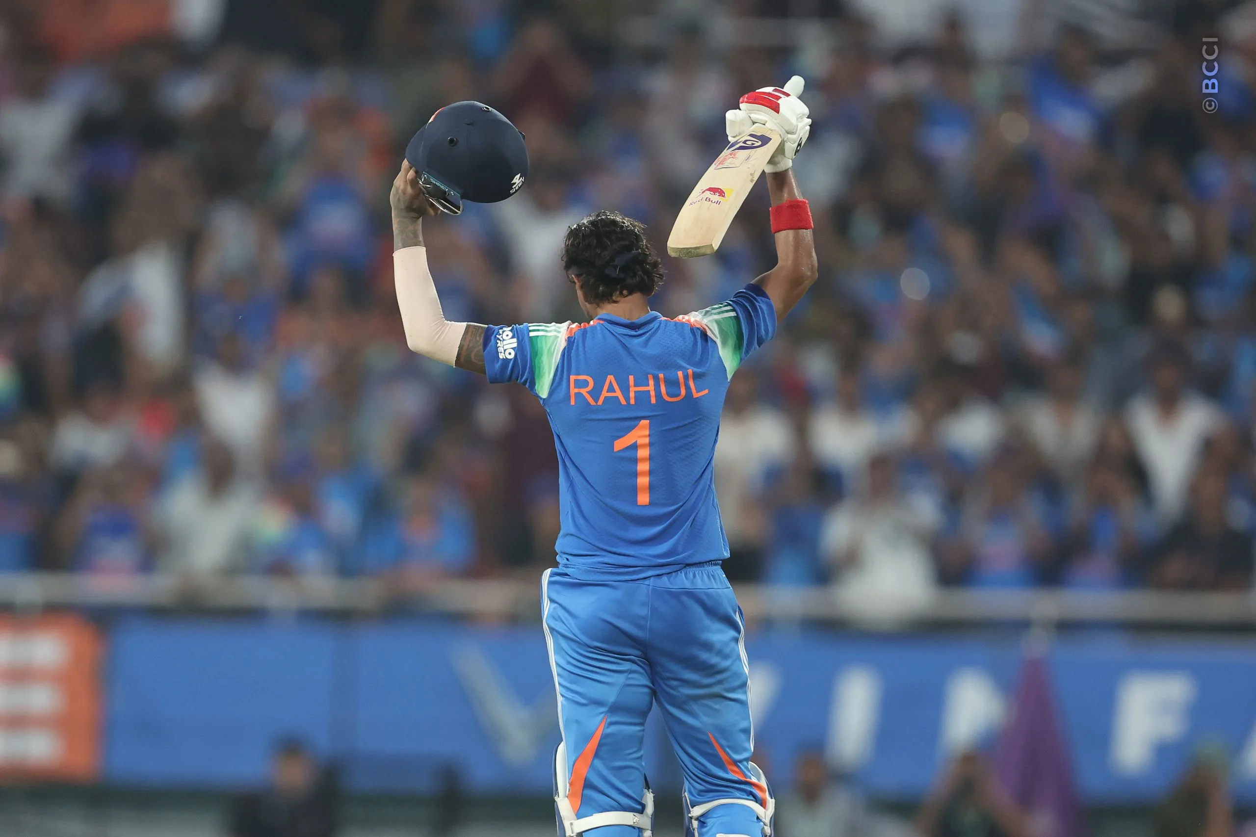 KL Rahul of India celebrates after scoring a hundred  during the 3rd ODI match between India and West Indies at the PCA International Cricket Stadium, Ground A, New Chandigarh, India on October 3, 2026.

Photo: Pankaj Nangia / CREIMAS for BCCI
