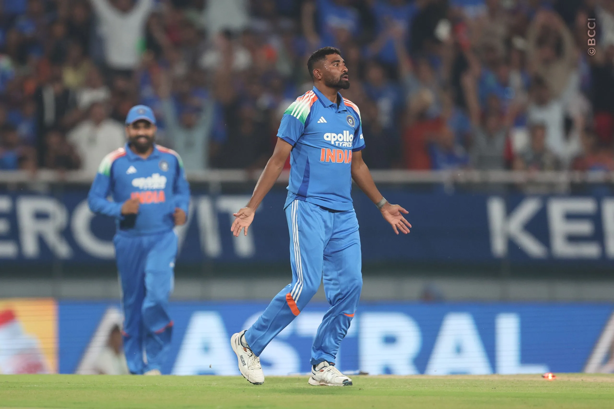 Mohammed Siraj of India celebrates the wicket of John Campbell of West Indies during the 3rd ODI match between India and West Indies at the PCA International Cricket Stadium, Ground A, New Chandigarh, India on October 3, 2026.

Photo: Pankaj Nangia / CREIMAS for BCCI