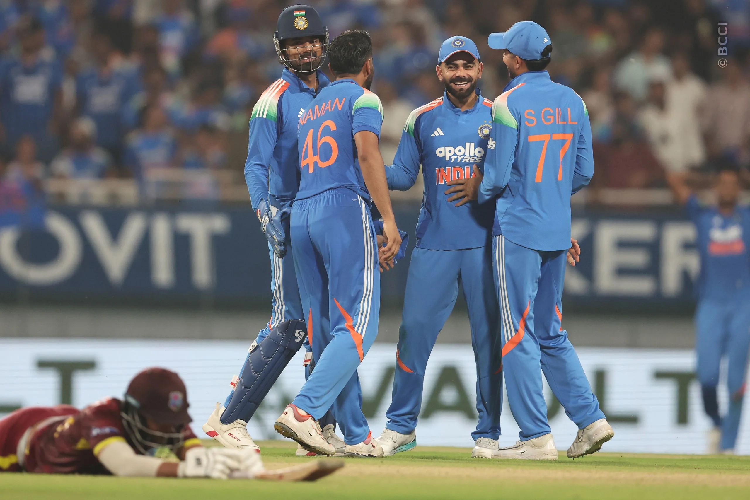 Indian players celebrate the wicket of Amir Jangoo of West Indies during the 3rd ODI match between India and West Indies at the PCA International Cricket Stadium, Ground A, New Chandigarh, India on October 3, 2026.

Photo: Pankaj Nangia / CREIMAS for BCCI