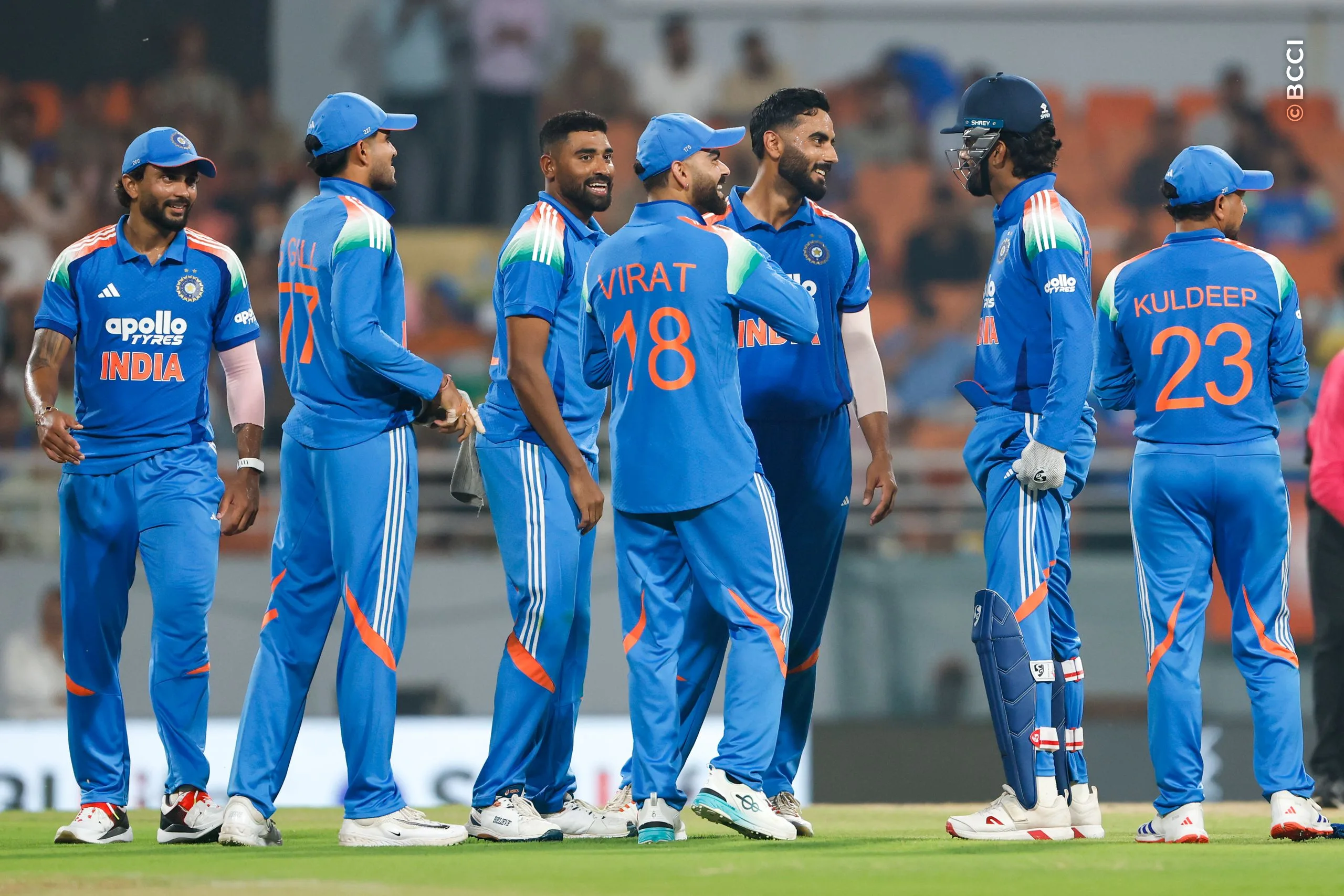 Naman Dhir of India celebrates the run out wicket of Amir Jangoo of West Indies during the 3rd ODI match between India and West Indies at the PCA International Cricket Stadium, Ground A, New Chandigarh, India on October 3, 2026.

Photo: Surjeet Yadav / CREIMAS for BCCI