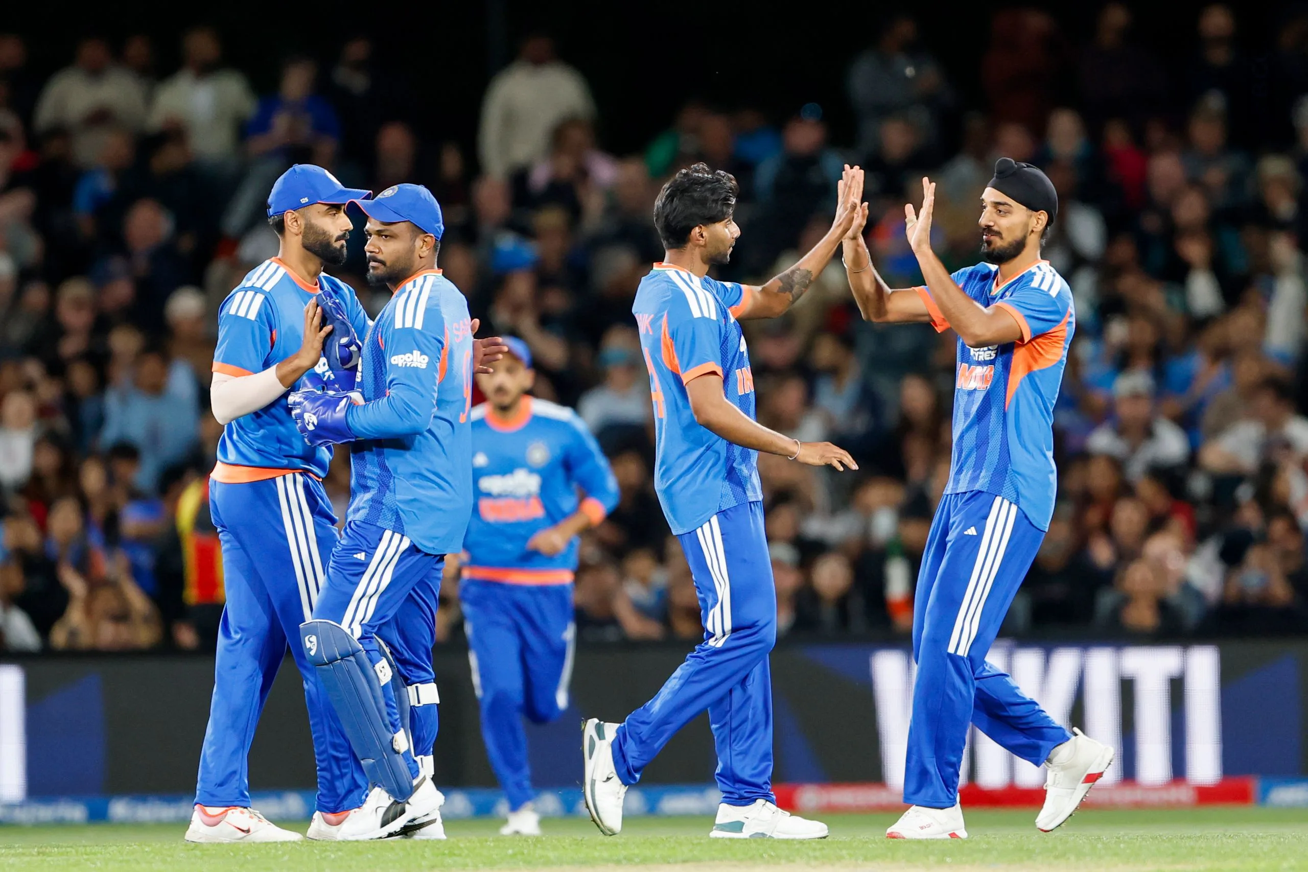 Mayank Yadav of India celebrates the wicket of  Tim Seifert of New Zealand  during the 1st T20I match between New Zealand and India at the Hagley Oval, Christchurch, New Zealand on October 22, 2026.Photo: Surjeet Yadav / CREIMAS for BCCI