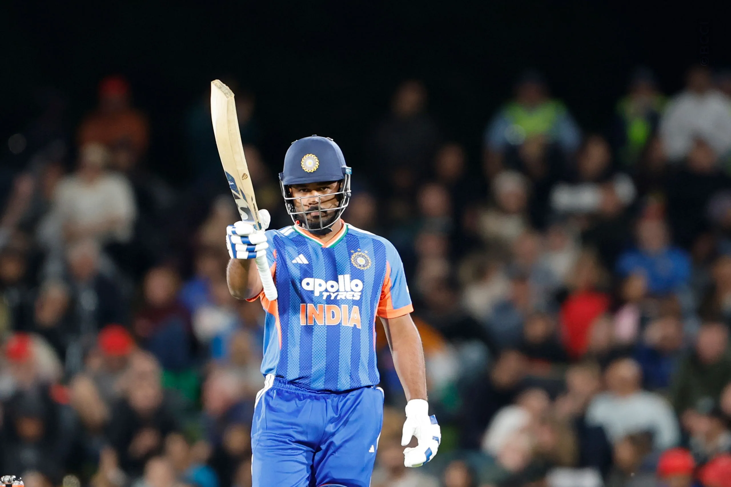 Sanju Samson of India raises his bat after scoring a fifty during the 1st T20I match between New Zealand and India at the Hagley Oval, Christchurch, New Zealand on October 22, 2026.Photo: Surjeet Yadav / CREIMAS for BCCI