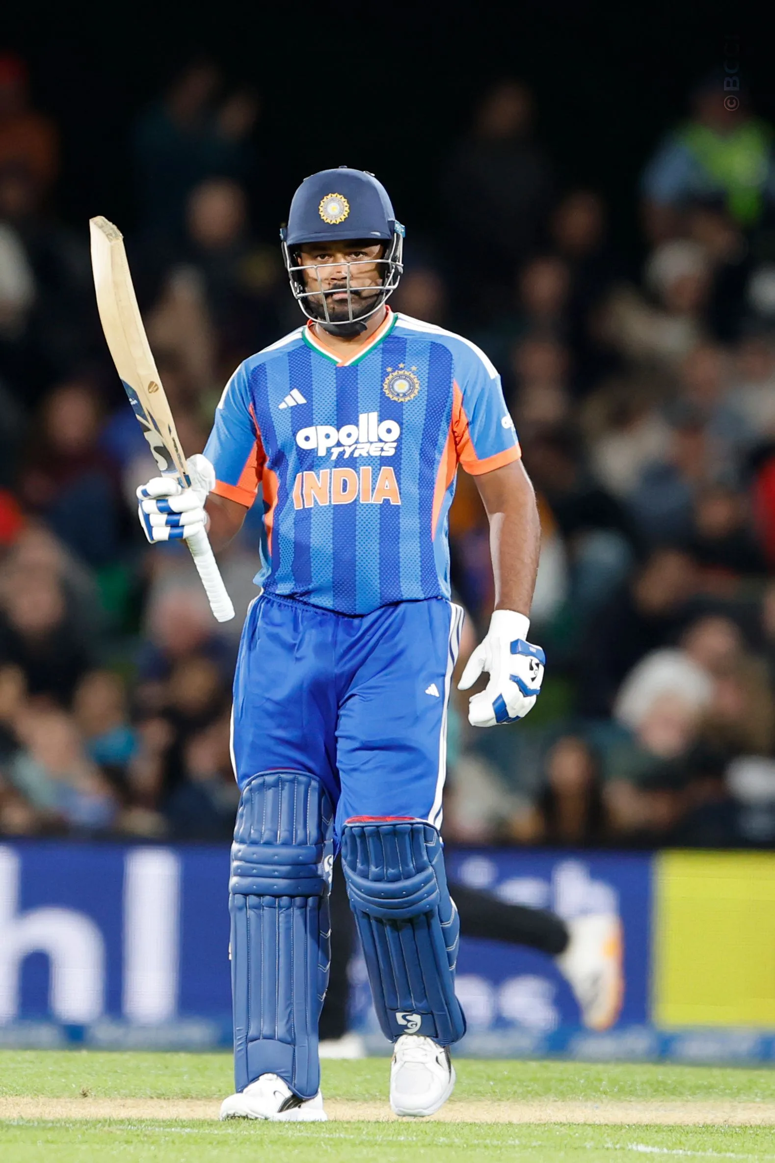 Sanju Samson of India raises his bat after scoring a fifty during the 1st T20I match between New Zealand and India at the Hagley Oval, Christchurch, New Zealand on October 22, 2026.Photo: Surjeet Yadav / CREIMAS for BCCI