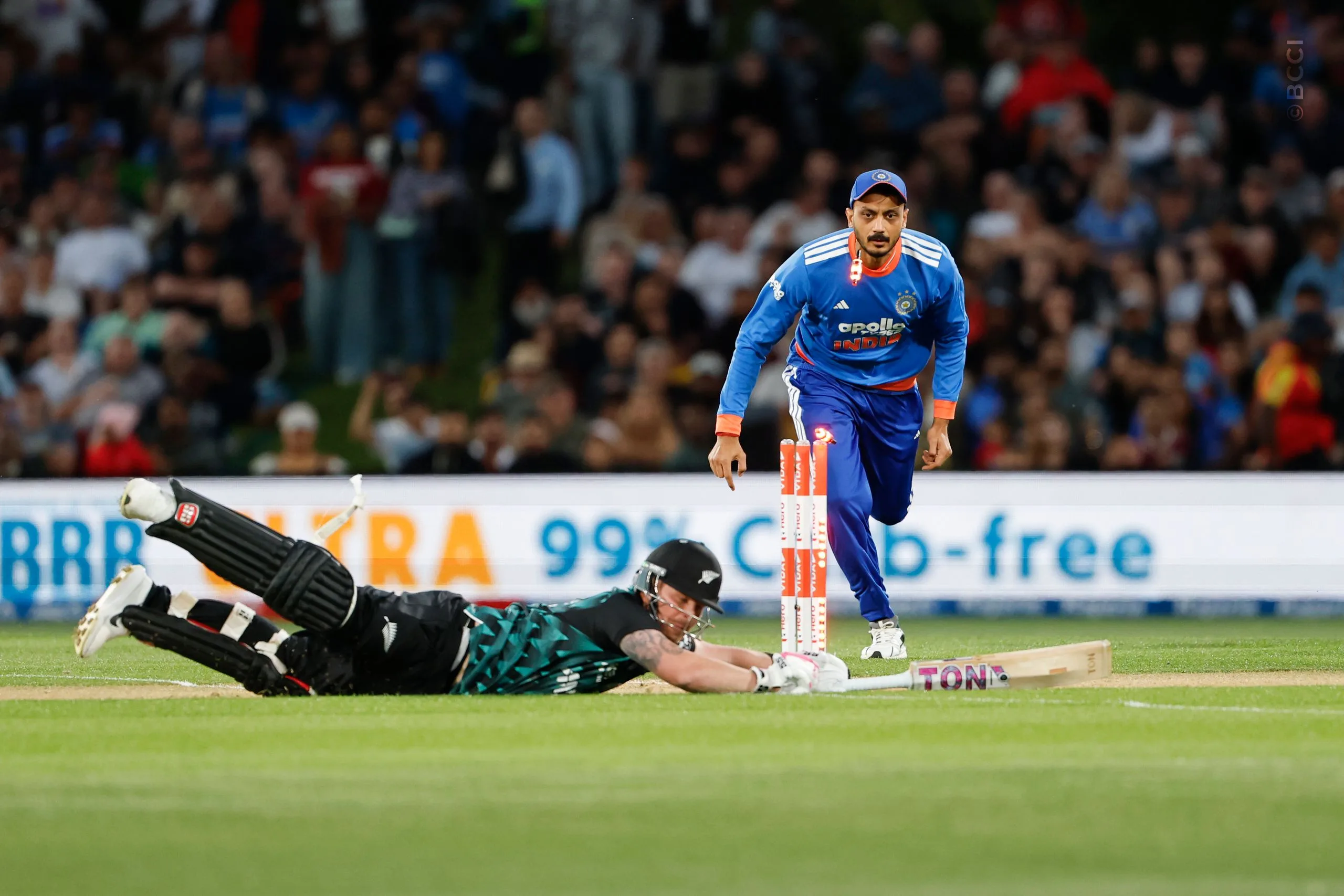 Axar Patel of India during the 1st T20I match between New Zealand and India at the Hagley Oval, Christchurch, New Zealand on October 22, 2026.Photo: Surjeet Yadav / CREIMAS for BCCI