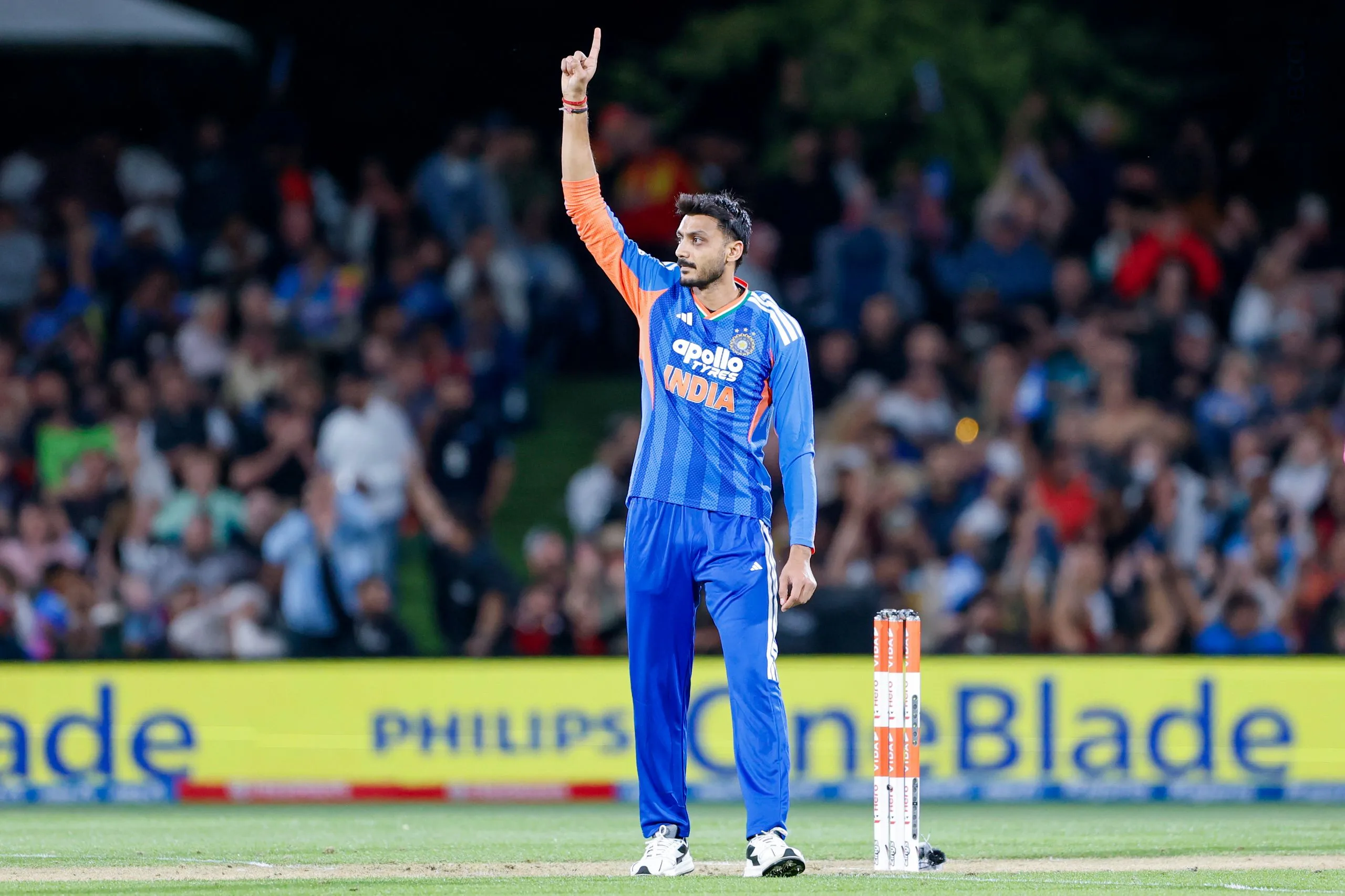 Axar Patel of India celebrates the wicket of  Finn Allen of New Zealand during the 1st T20I match between New Zealand and India at the Hagley Oval, Christchurch, New Zealand on October 22, 2026.Photo: Surjeet Yadav / CREIMAS for BCCI