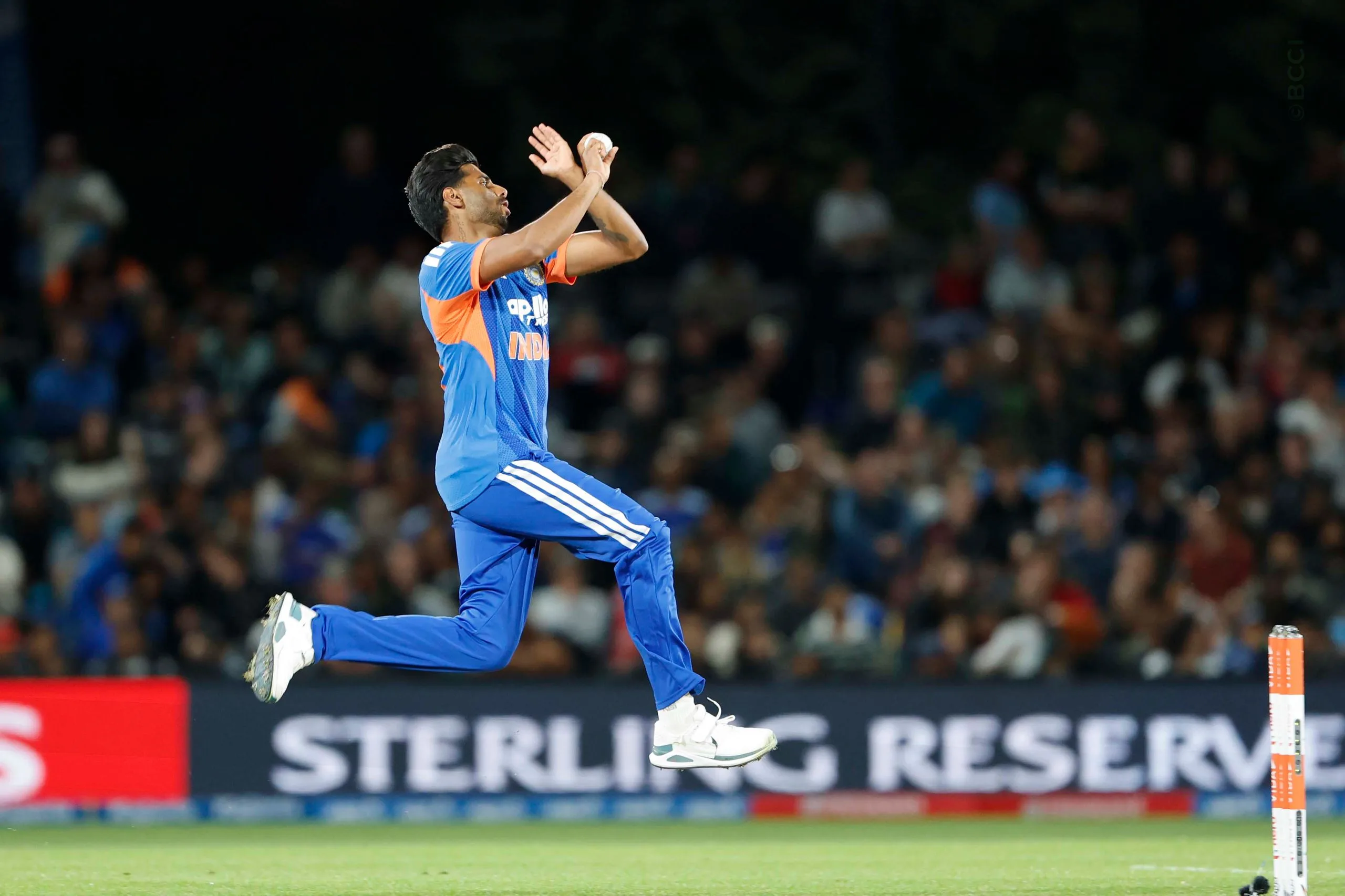 Mayank Yadav of India bowls during the 1st T20I match between New Zealand and India at the Hagley Oval, Christchurch, New Zealand on October 22, 2026.Photo: Surjeet Yadav / CREIMAS for BCCI