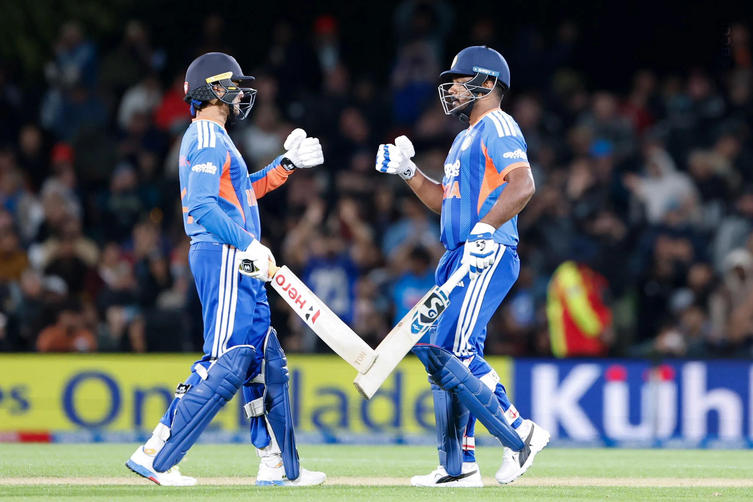 Sanju Samson of India celebrates his fifty with Abhishek Sharma of India during the 1st T20I match between New Zealand and India at the Hagley Oval, Christchurch, New Zealand on October 22, 2026.Photo: Surjeet Yadav / CREIMAS for BCCI
