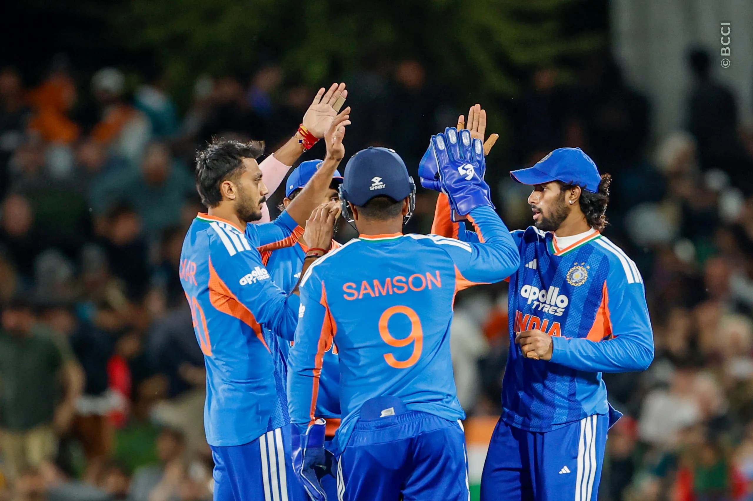 Axar Patel of India celebrates the wicket of  Finn Allen of New Zealand during the 1st T20I match between New Zealand and India at the Hagley Oval, Christchurch, New Zealand on October 22, 2026.Photo: Surjeet Yadav / CREIMAS for BCCI