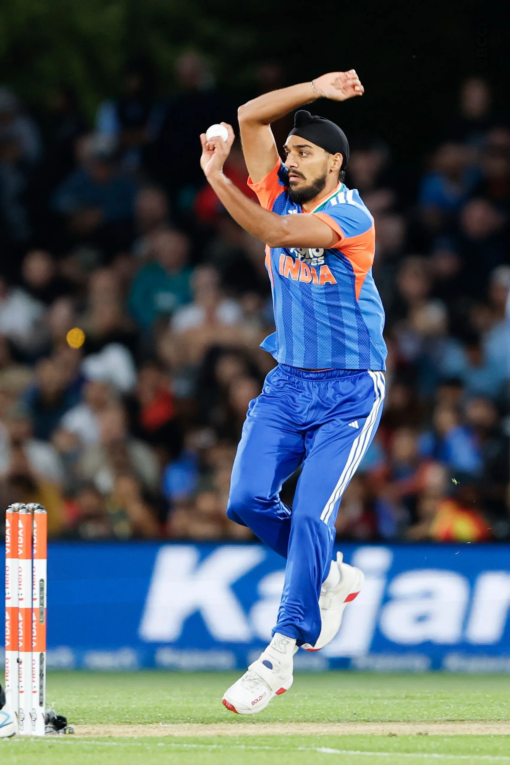 Arshdeep Singh of India bowls during the 1st T20I match between New Zealand and India at the Hagley Oval, Christchurch, New Zealand on October 22, 2026.Photo: Surjeet Yadav / CREIMAS for BCCI