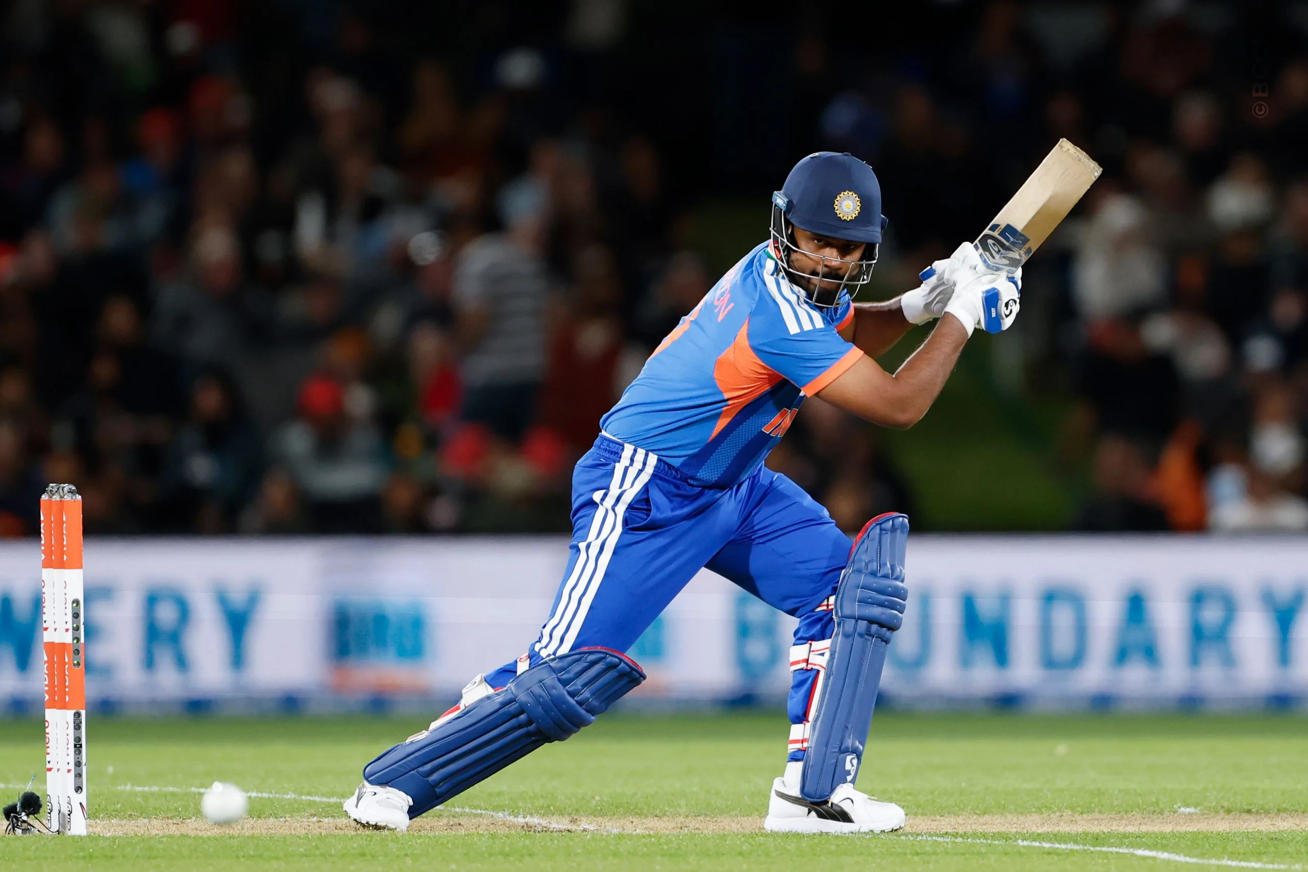 Sanju Samson of India plays a shot during the 1st T20I match between New Zealand and India at the Hagley Oval, Christchurch, New Zealand on October 22, 2026.Photo: Surjeet Yadav / CREIMAS for BCCI
