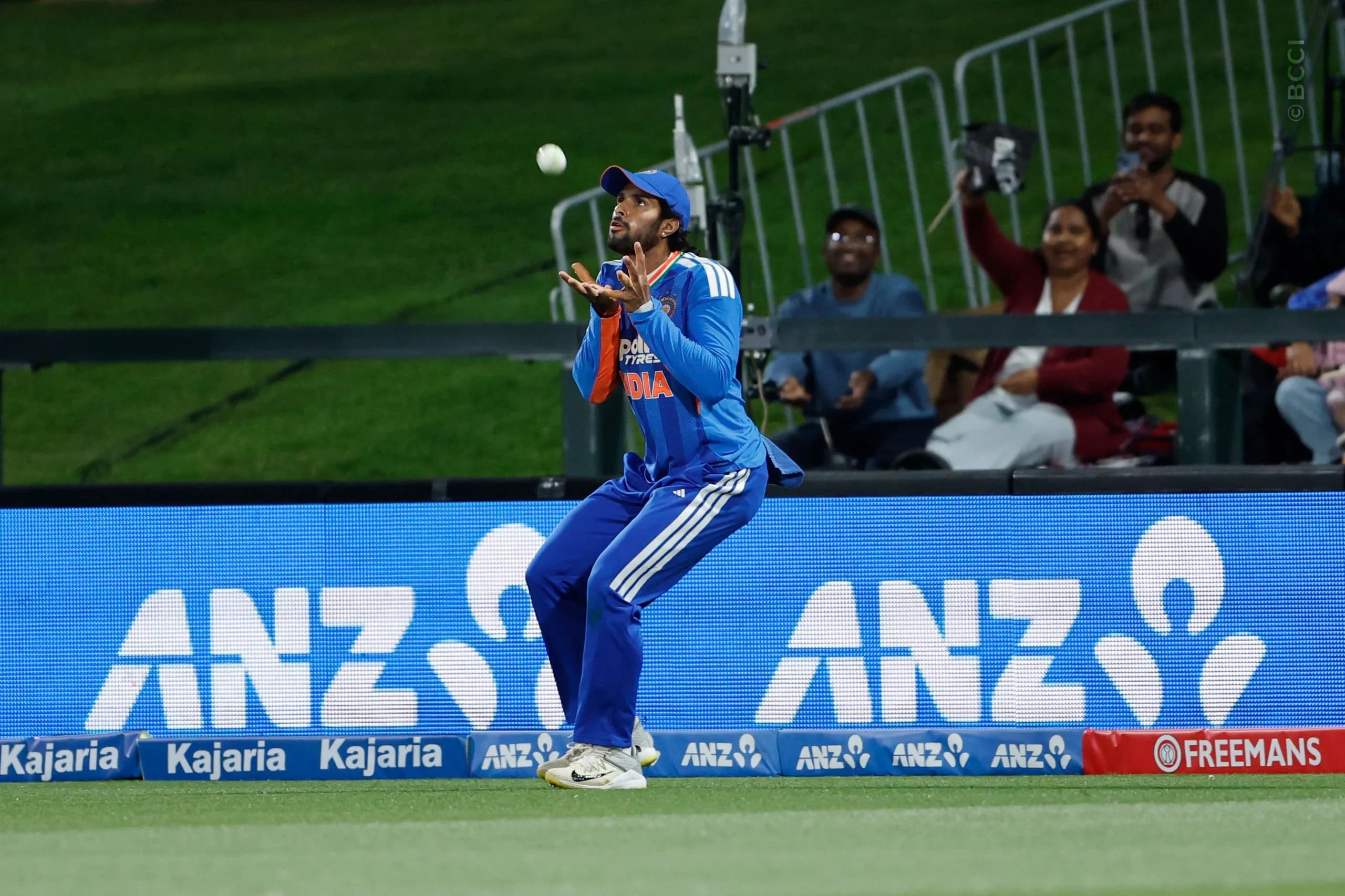 Tilak Varma of India take a catch of  Finn Allen of New Zealand during the 1st T20I match between New Zealand and India at the Hagley Oval, Christchurch, New Zealand on October 22, 2026.Photo: Surjeet Yadav / CREIMAS for BCCI