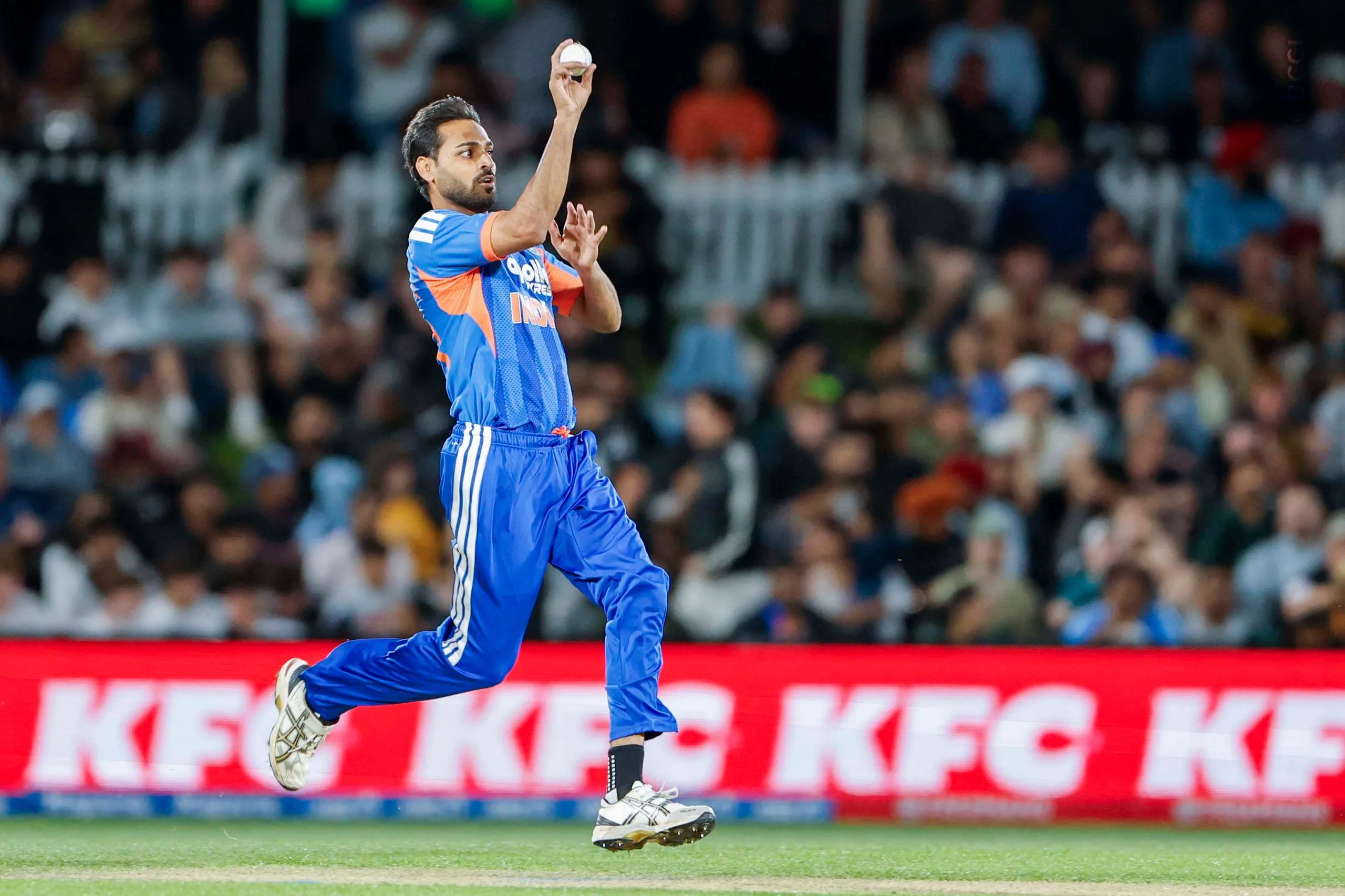 Bhuvneshwar Kumar of India bowls during the 1st T20I match between New Zealand and India at the Hagley Oval, Christchurch, New Zealand on October 22, 2026.Photo: Surjeet Yadav / CREIMAS for BCCI