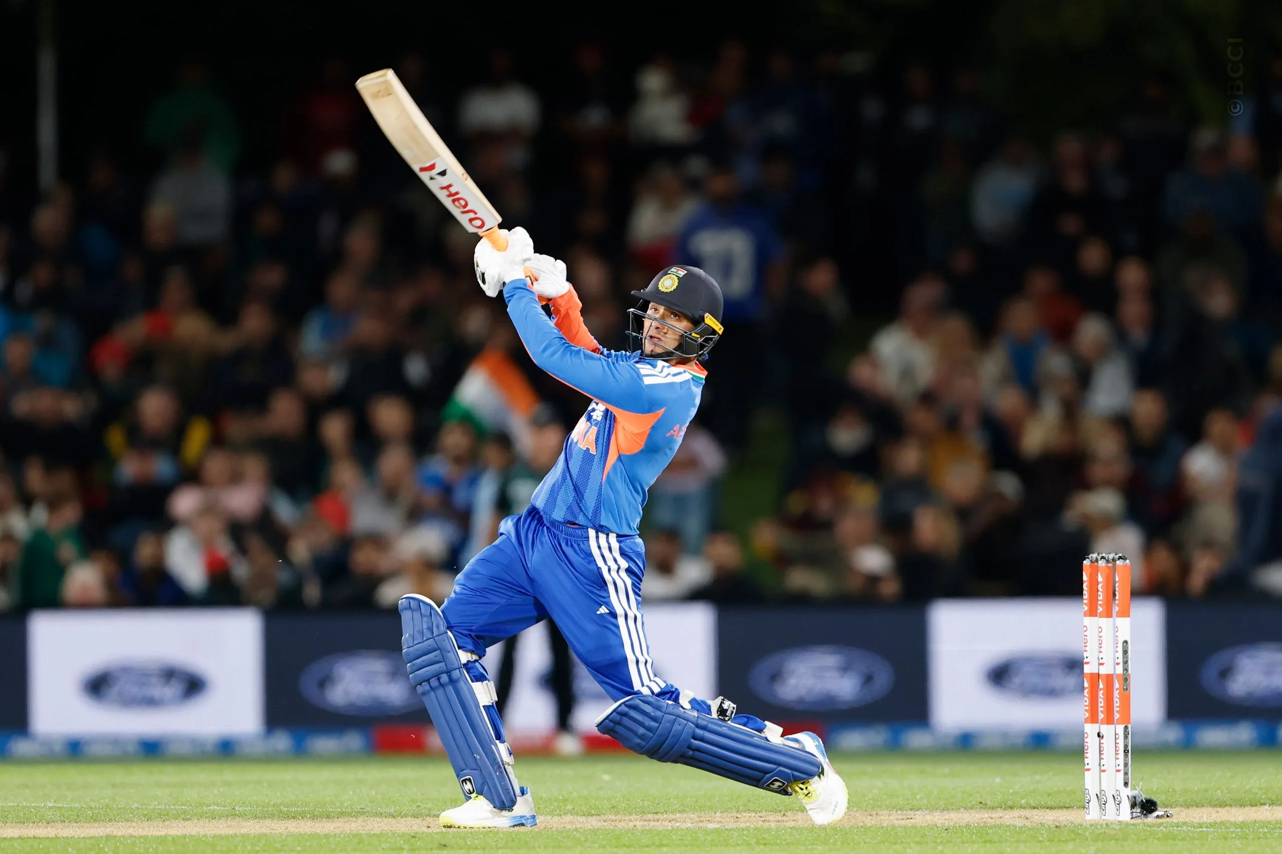 Abhishek Sharma of India plays a shot during the 1st T20I match between New Zealand and India at the Hagley Oval, Christchurch, New Zealand on October 22, 2026.Photo: Surjeet Yadav / CREIMAS for BCCI