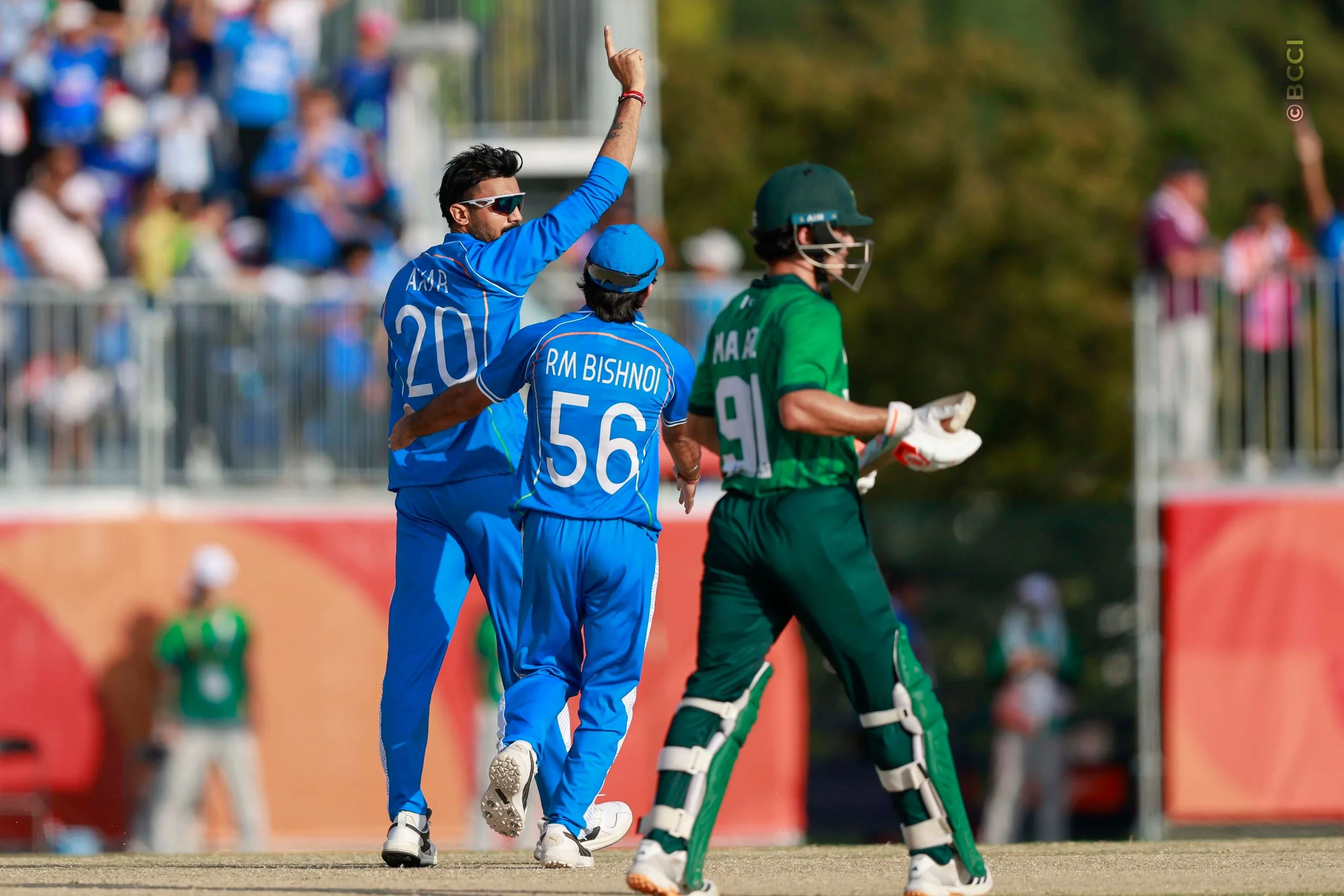 Axar Patel of India celebrates the wicket of Maaz Sadaqat during the Final match between the Pakistan and India at Korogi Sports Park, Nisshin, Japan, on October 3, 2026.Photo:  Deepak Malik / CREIMAS for BCCI