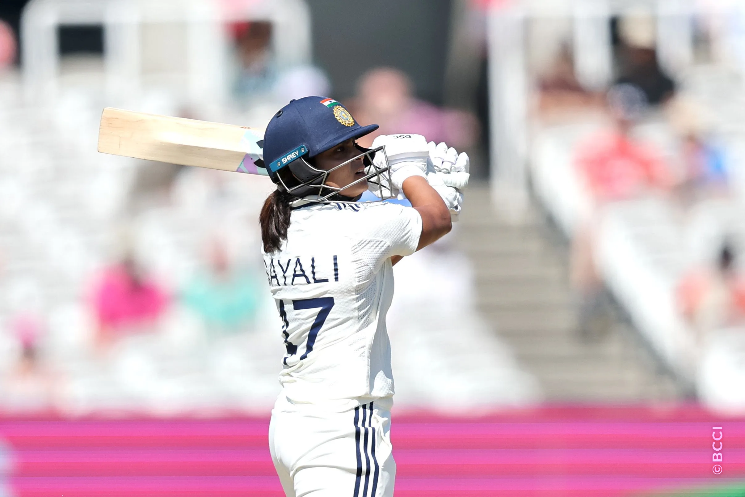 Sayali Satghare of India plays a shot during Day 3 of the Only Test match between England Women and India Women at Lord's Cricket Ground, London, England, on July 12, 2026.Photo by Pankaj Nangia / CREIMAS for BCCI