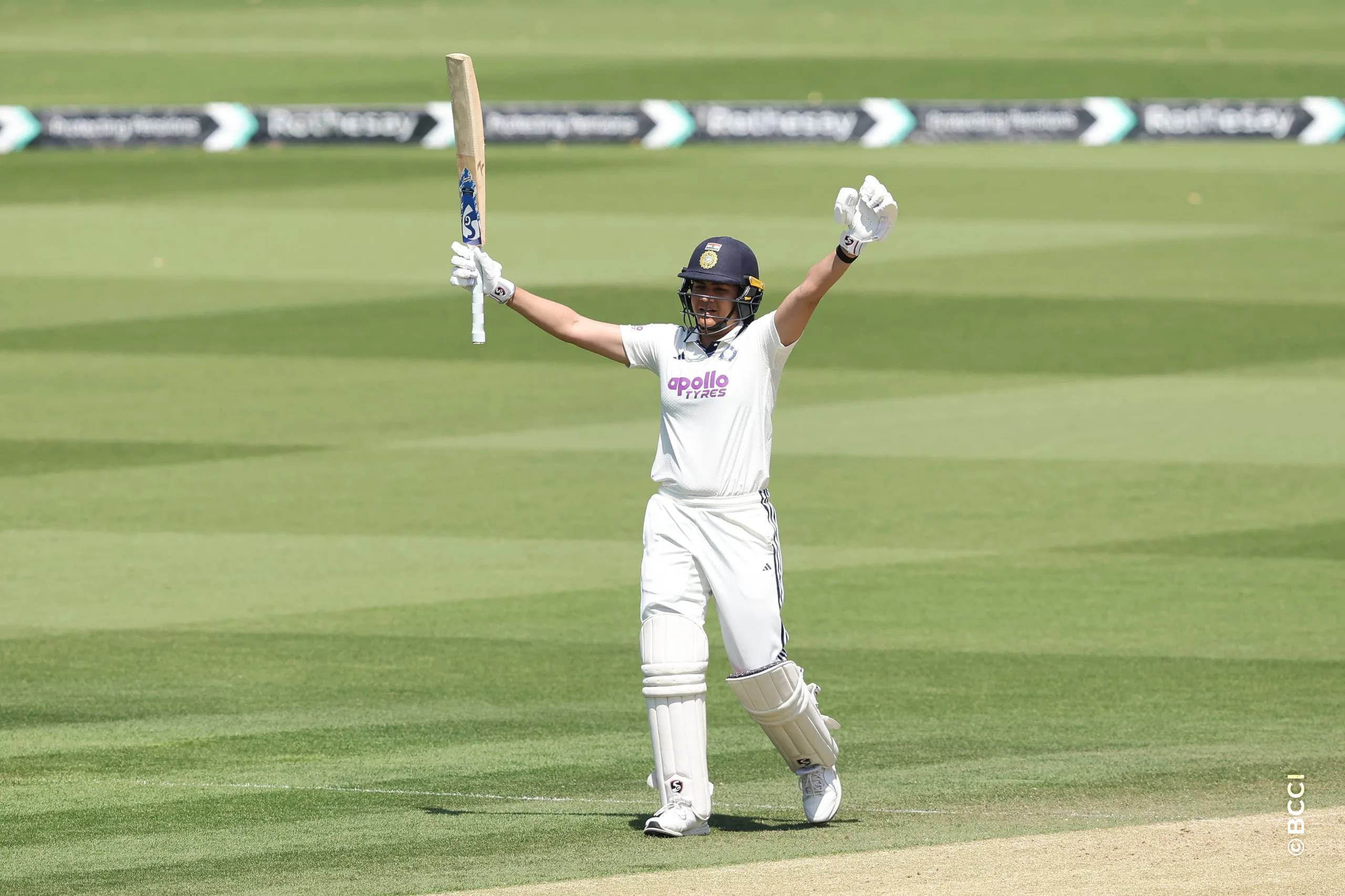 Yastika Bhatia of India celebrates after scoring a hundred  during Day 3 of the Only Test match between England Women and India Women at Lord's Cricket Ground, London, England, on July 12, 2026.Photo by Pankaj Nangia / CREIMAS for BCCI