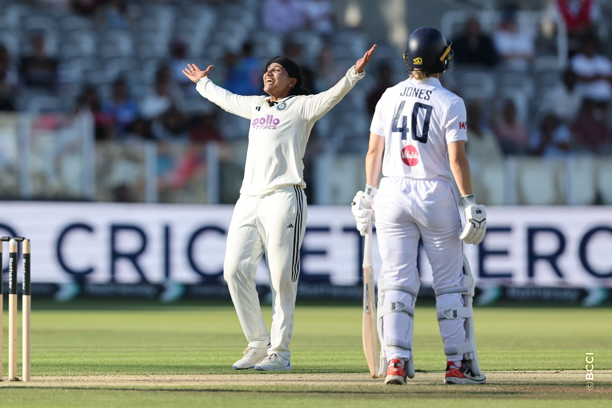Sneh Rana of India celebrates the wicket of England player during Day 3 of the Only Test match between England Women and India Women at Lord's Cricket Ground, London, England, on July 12, 2026.Photo by Pankaj Nangia / CREIMAS for BCCI